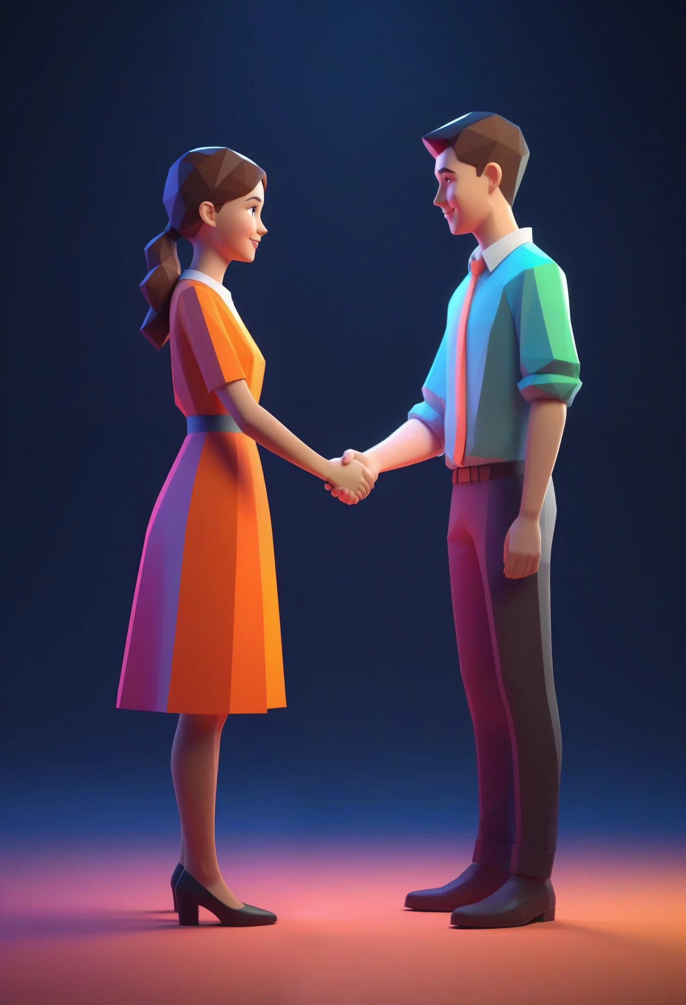 cute lowpoly young man and girl shaking hands, lowpoly, shaking hands, cinematic lighting, octane render, epic realistic, low poly count, full body