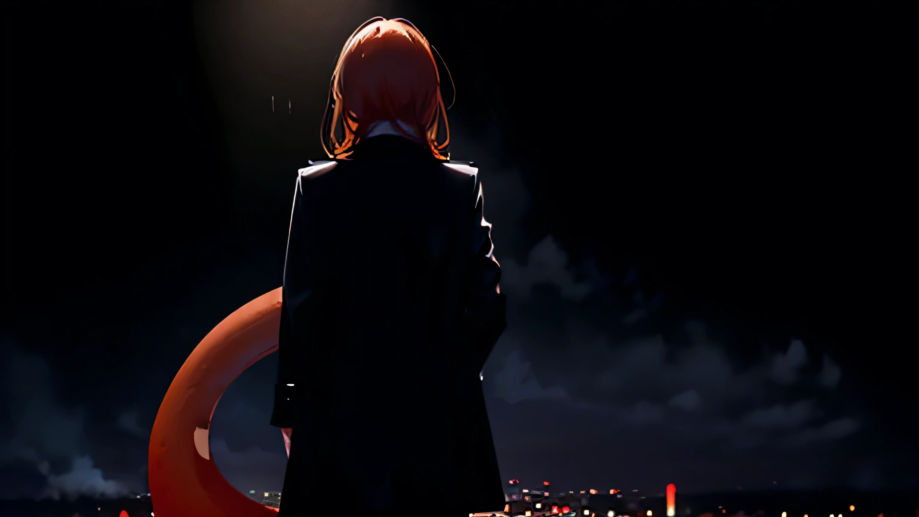 city at night, rain, 1 woman with her back to the viewer, high black pants, orange dinosaur tail, long orange hair, long coat, mafia