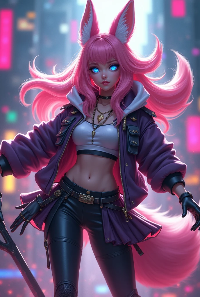 Oh, league of legend, sexy for, wallpapers, detailed eyes, fox ear, (fox tails), a skirt, (long pink fur), medium breasts, Looking at_Shown in_Looking atl espectador, short_hair, gloves, belly button, fail, blue_there are eyes, Eternal, full_body, weapon, Footwear, necklaces, negro_gloves, pulp, hooded, hair_overcome_Yoon_there are eyes, Cultivator_above, hoodie, negro_pants, sneakers, Cut_jacket, cyber punk character, Cut_hoodie, in 14,((colors cyan yellow magenta, green violet:1.6)),dynamic action pose, anatomically correct:1.4,of_DeepNegative_v1_75t, rita_umbralrose