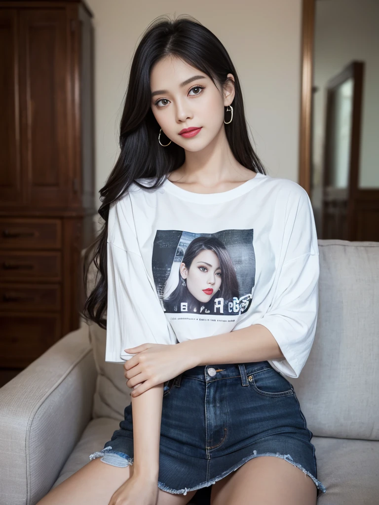 top-quality, ​masterpiece, 8K, 超A high resolution, (Photorealsitic:1.4), 1girl in、Beautiful expression, Black extra long tshirt, loose cover cleavange, black jeans skirt、symmetrical eye、Medium 、Perfect body proportiOn、cleavange, bend forward, Look at viewer' smile face, lipstik, close shot capture, halfbody, eyes on camera, details eyes, beautiful eyes, in living room