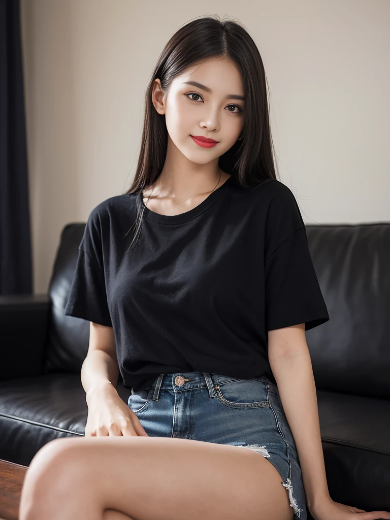 top-quality, ​masterpiece, 8K, 超A high resolution, (Photorealsitic:1.4), 1girl in、Beautiful expression, Black extra long tshirt, loose cover cleavange, black jeans skirt、symmetrical eye、Medium 、Perfect body proportiOn、cleavange, bend forward, Look at viewer' smile face, lipstik, close shot capture, halfbody, eyes on camera, details eyes, beautiful eyes, in living room