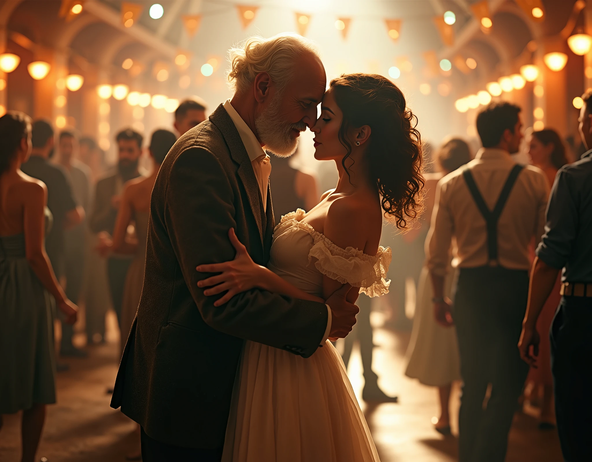 (old clochard man with torn clothes 90 years bearded),(Holding her from behind and talking in her ear), other men catching her, picking up in her lap, white skirt swinging, (Ballroom, crowded ballroom), (low point of view: 1.5). 40k, perfect photography, masterpiece, best quality, dance hall background, (1girl blue eyes and early curly brown hair), small breasts, cleavage, (oscill round swinging skirt: 1.3), (open white shirt: 1.3), old man leaning on her from behind taking her, assorted poses. Holding from behind. Playng orchestra. Cinematic lights. Masterpiece, best quality, 8K, photo realistic, wallpaper, wallpaper 8k, photographic contest winner, Hyperrealistic art cinematic film still photography in the style of detailed hyperrealism photoshoot. [Entire scene is surrounded by lights, evoking a magical and eerie atmosphere. The lighting is bright and atmospheric, with smoke adding a touch of sinister ambiance. Best quality image, HDR enhancement, showcasing the utmost level of detail and realism]. [8K, Best Quality, Ultra High Resolution, (highly detailed CG unity 8k wallpaper), (best photo), (best shadows), isometric 3D, octane rendering, ray tracing, highly detailed, (Best quality, 4K, 8k:1.2), absurdity, ultra detailed, (realistic, photorealistic, photorealistic:1.37), complex parts, HDR, (complex parts:1.12), (hyper detailed, hyper realistic, Soft lighting, spicy:1.2), (complex parts, Hyper detailed:1.15). Blurred foreground. (backlit), masterpiece, high quality, brightness, chromatic aberration, foggy smoke, shadows, contrast, clear sky, (warm hue, warm tone), high details, natural reflections].