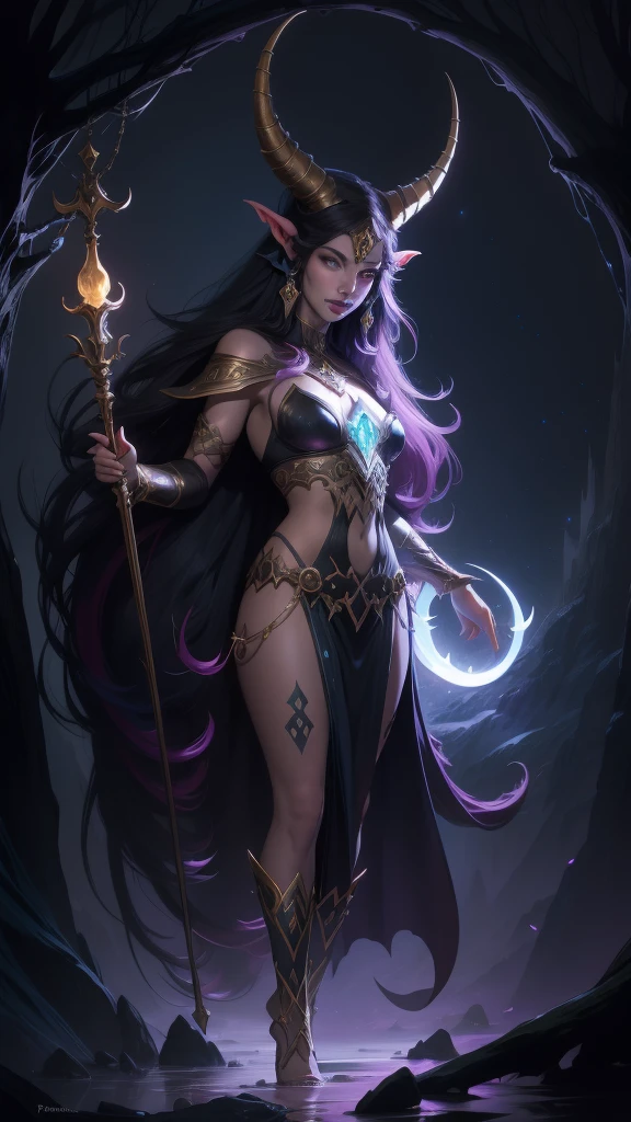 A beautiful and alluring tiefling druid with horns and a crescent in her hand, standing in a cosmic and mystical abyss, bathed in realistic and captivating lighting, masterfully rendered in the highest 8k quality, with extreme attention to detail, as a stunning digital art illustration by the renowned artists PeterMohrBacher and Artgerm.