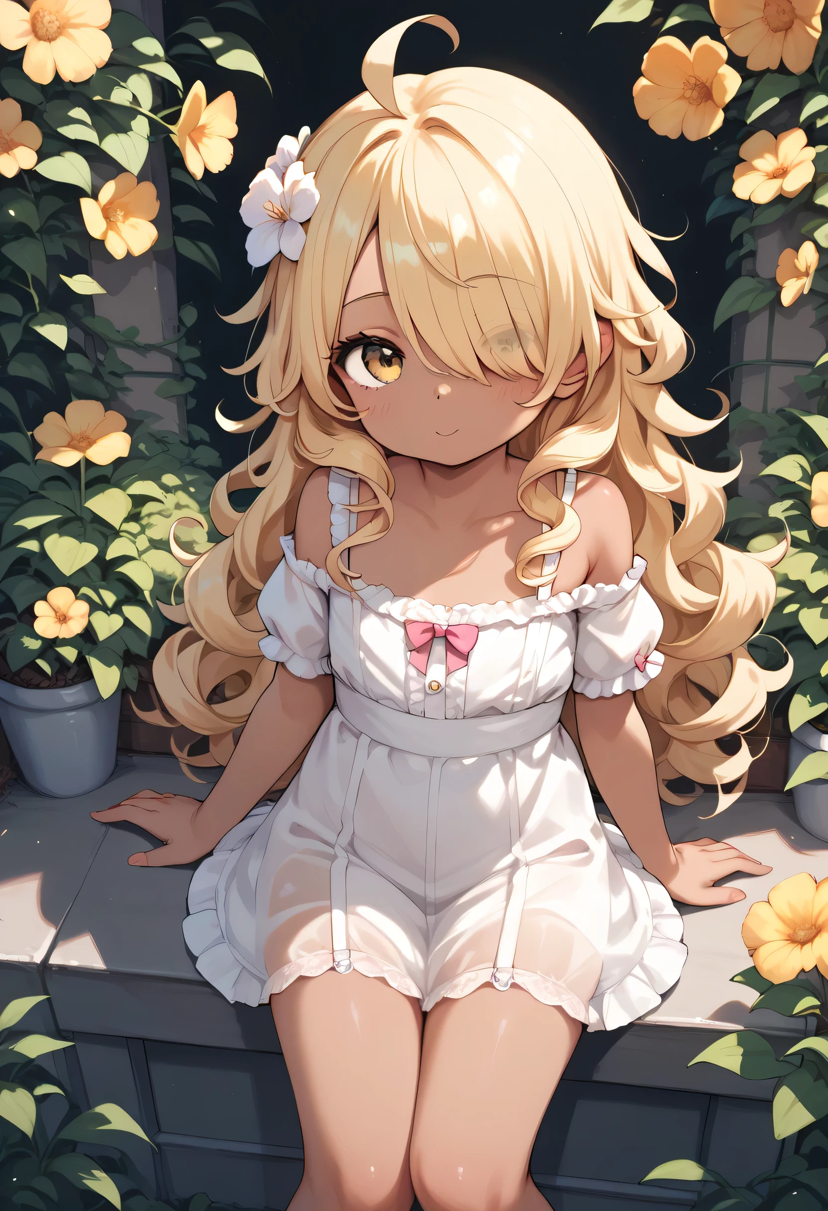 _girl,cloli_, Bloe hair, long curly hair, hair over one eye, yellow eyes, long hair, dark skin, ahoge, thigh, cute, sexy, sexy hips, background flower,