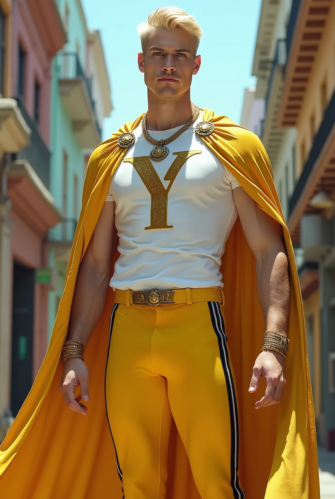 A tall man, offwhite, with blond hair and green eyes, athletic body and wearing yellow tight pants with a black stripe, a white t-shirt with a gold Y in the center, besides a black shoe. There was also a necklace with the Y badge. In addition to a golden cape.