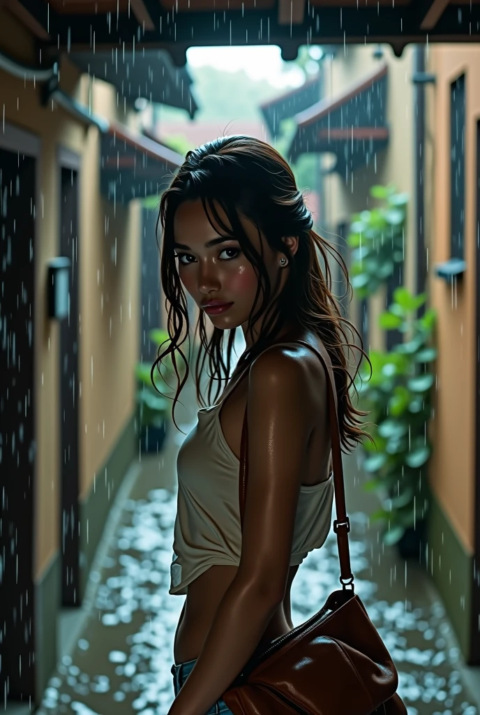 ((Bust 1.4))((8k )) (( top quality. Realism. masterpiece. High resolution))A torrential downpour from the summer afternoon sky..A beautiful girl stood on the old street.She took shelter under a roof without an awning.The rain was too heavy.She could only use her bag to shield her head.But the clothes on her upper body were almost completely soaked..The wet clothes clung to her graceful body.Her curvy figure was subtly revealed.