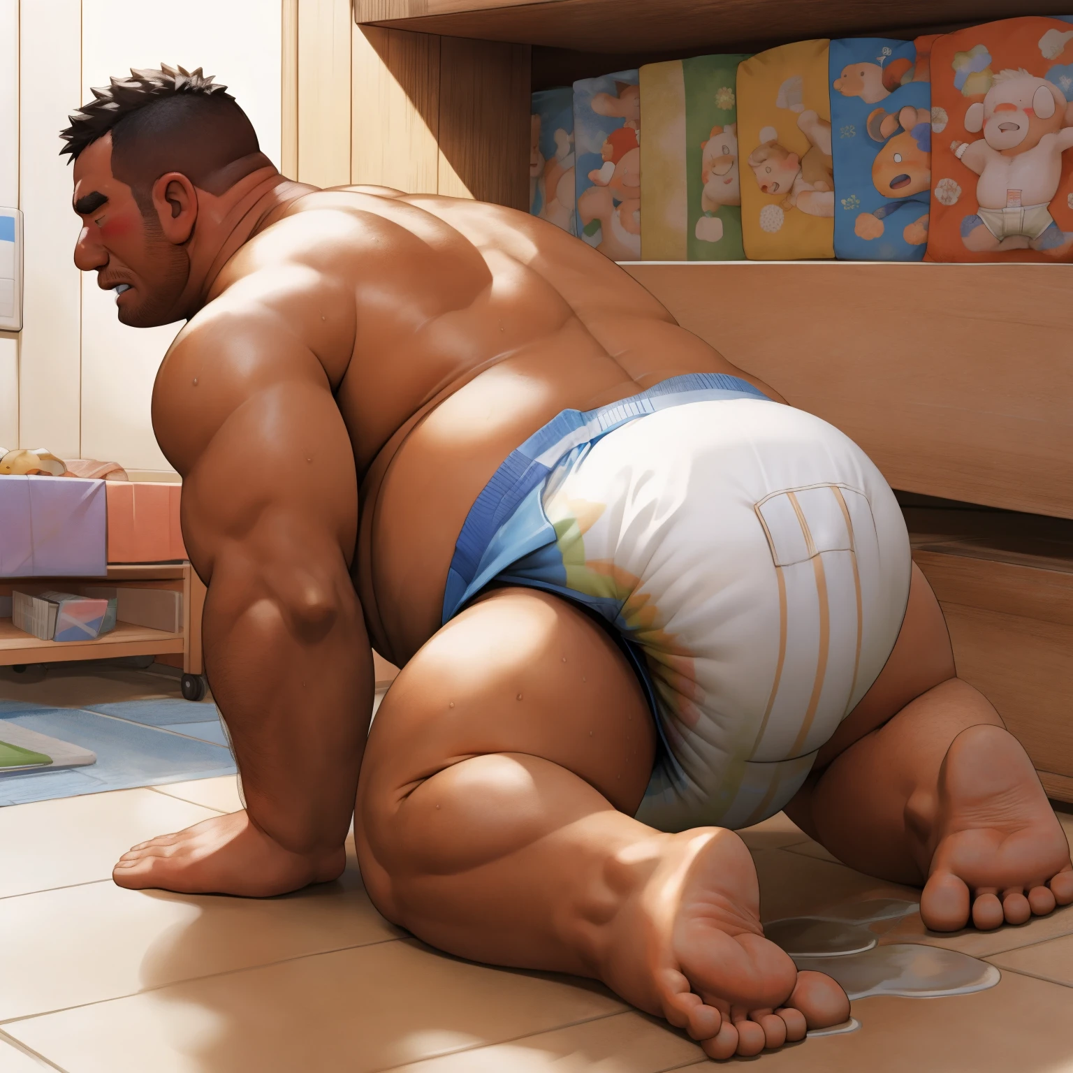 masterpiece, Top quality, in 32K, perfect anatomy, hyper detailed, super fine illustration, The thick man is a brutal prisoner, retarded, hairy human, 50yo in Japan, (fatness: 1.0), Fatty muscle, Bowleg, disappointment, incontinent, be diaper check by children, waddle, There is a small puddle under him, incontinent, Naked, short legs, Bowleg, spread legs, wear a White cloth Diaper, Bare belly, Bare legs, Bare foots, Bare soles, Shirtless, wide forehead and short thinning hair, Man with round face with stubble, Bare foots, Bare soles, shy, sissy, Weaker than children, Drool, Round face, steams, Solo, He enters  and is despised by children, He surrounded by children, His bottom is wet, Bare foots, big butt, he is scolded by the children, White Diaper, He surrounded by children, sobbing, wear a White cloth Diaper, shirtless, There is a small puddle under him, He enters nursery school and is despised by children, big butt, sobbing, He crawling to go to children, on all fours, side view