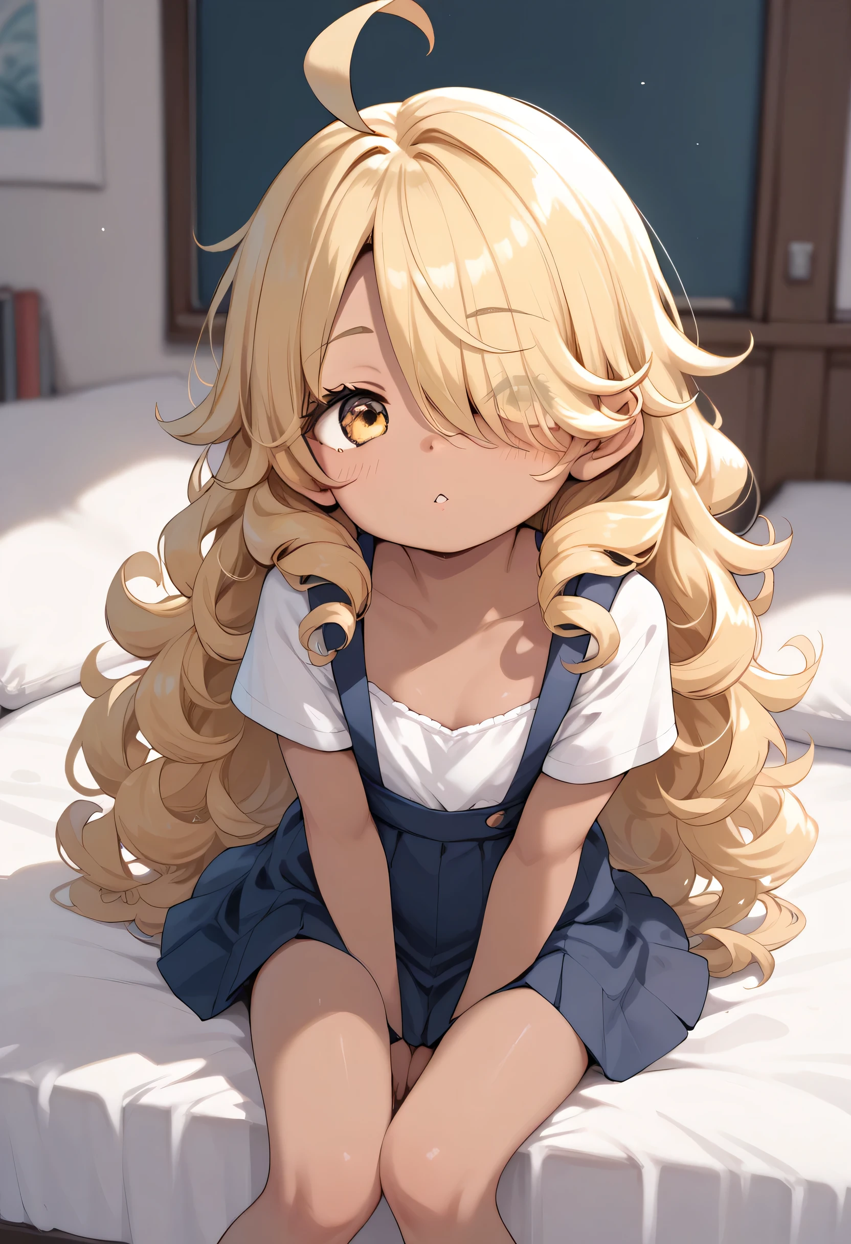 little_girl,cute_****_, Blonde hair, long curly hair, hair over one eye, yellow eyes, long hair, dark skin, ahoge, thigh, cute, sexy, 