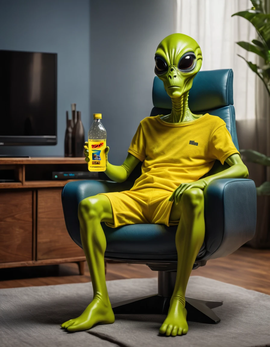 The alien is wearing a T-shirt and shorts. He is sitting in a relaxed position in an armchair in front of the TV in the room. He has a glass of yellow liquid in one hand and an empty bottle in the other. There are chips on the table. The image is positive, with a sense of humor. High quality, Realistic, 16 KB resolution, Nikon Z9, digital photography, ultratextured skin, Realistic photography, Cinematic effect, soft light, soft shadows, high-quality surround lighting