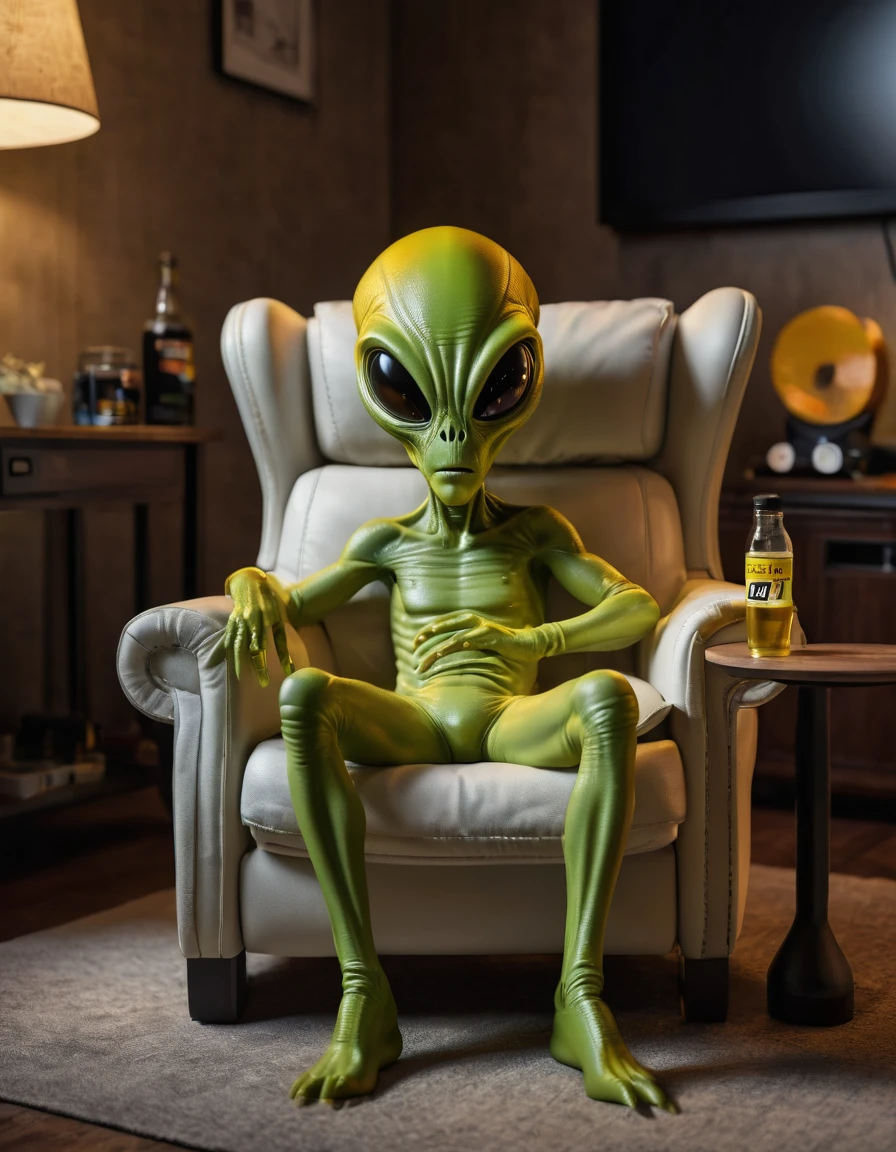 The alien is wearing a T-shirt and shorts. He is sitting in a relaxed position in an armchair in front of the TV in the room. He has a glass of yellow liquid in one hand and an empty bottle in the other. There are chips on the table. The image is positive, with a sense of humor. High quality, Realistic, 16 KB resolution, Nikon Z9, digital photography, ultratextured skin, Realistic photography, Cinematic effect, soft light, soft shadows, high-quality surround lighting