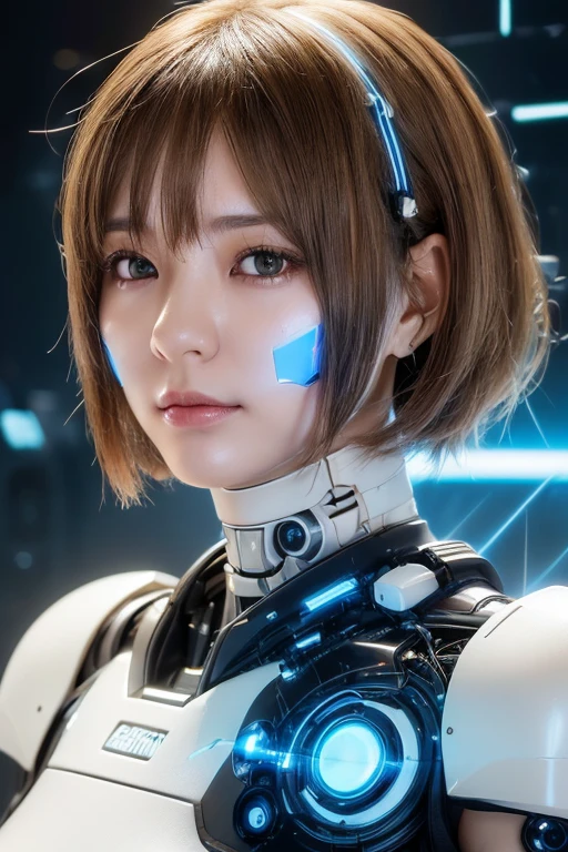 (((masterpeace))), ((photo realistic:1.55)), (Japanese Girl),((young girl)), (broad jawline:1.5), puffy face, ((Very pale brown hair)), (((messy hair))), (Short Bob Cut), (Android), ((cyber punk:1.3)), My arm is broken., whole body,((realistic skin)), no makeup, The machinery is exposed, mask, Eye patch, ((The machine's eyes are glowing.)),half smile