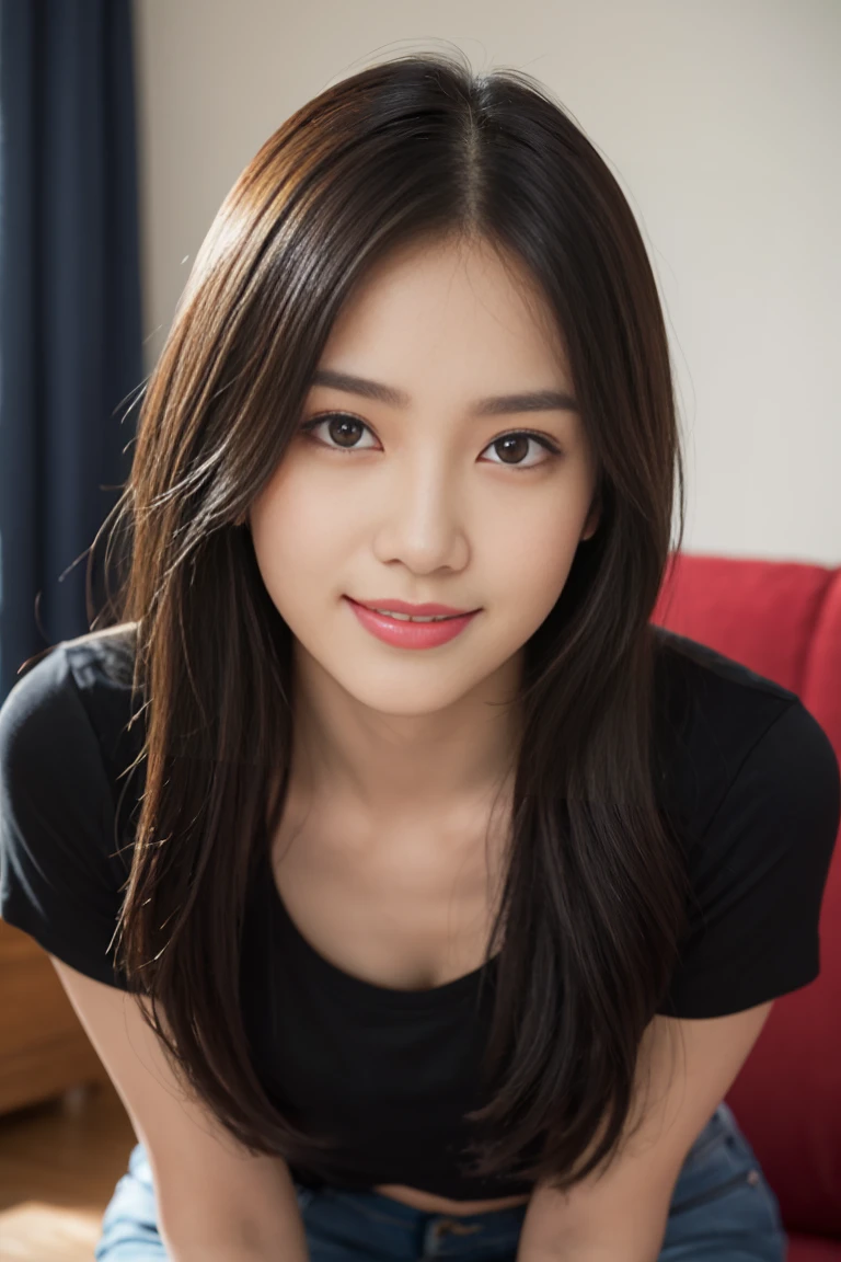 top-quality, ​masterpiece, 8K, 超A high resolution, (Photorealsitic:1.4), 1girl in、Beautiful expression, Black extra long tshirt, loose cover cleavange, black jeans skirt、symmetrical eye、Medium 、Perfect body proportiOn、cleavange, bend forward, Look at viewer' smile face, lipstik, close shot capture, halfbody, eyes on camera, details eyes, beautiful eyes, in living room