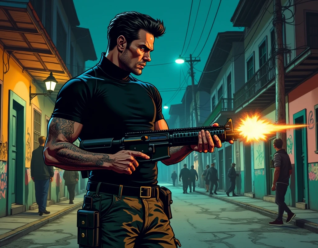 American comic book style, Caucasian male, 50s, short black hair slicked back, triangular face, evil face, black eyes, piercing gaze, long nose, small mouth, thin lips, clean shaven, endomorph body type, tall (wearing black turtleneck and long sleeves, black camo pants and black boots), ((with assault rifle, in a Brazilian favela exchanging gunfire with the police at night)), (comic book drawing), blending, vanishing point, wide shot, from behind, perspective, sideways, Comics American, UHD, masterpiece, accurate, anatomically correct, textured skin, super detail, high details, high quality, award winning, best quality, highres