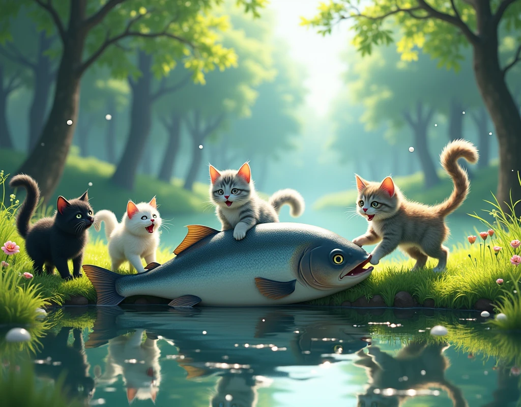 (masterpiece, Highest quality), Anatomically correct、Anime 2.5D、Picture books、Fantasy、 Intricate details, Depth of written boundary, Land by the lake、(Huge fish lying on the ground)、(Cats, black, white, spotted, gray, and calico, dance in joy around their prey.)、water droplets、extensiive、