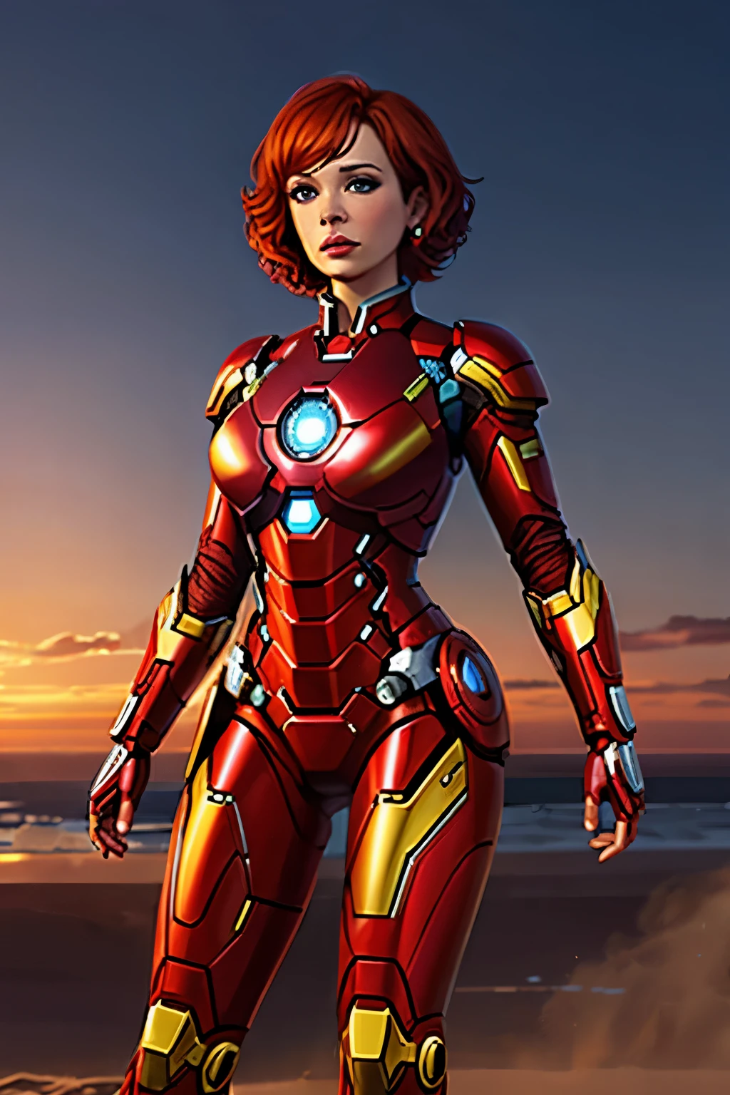 Christina Hendricks as Riri Williams in Iron Man armor: Mark XLIX Rescue Armor, Detailed costume design