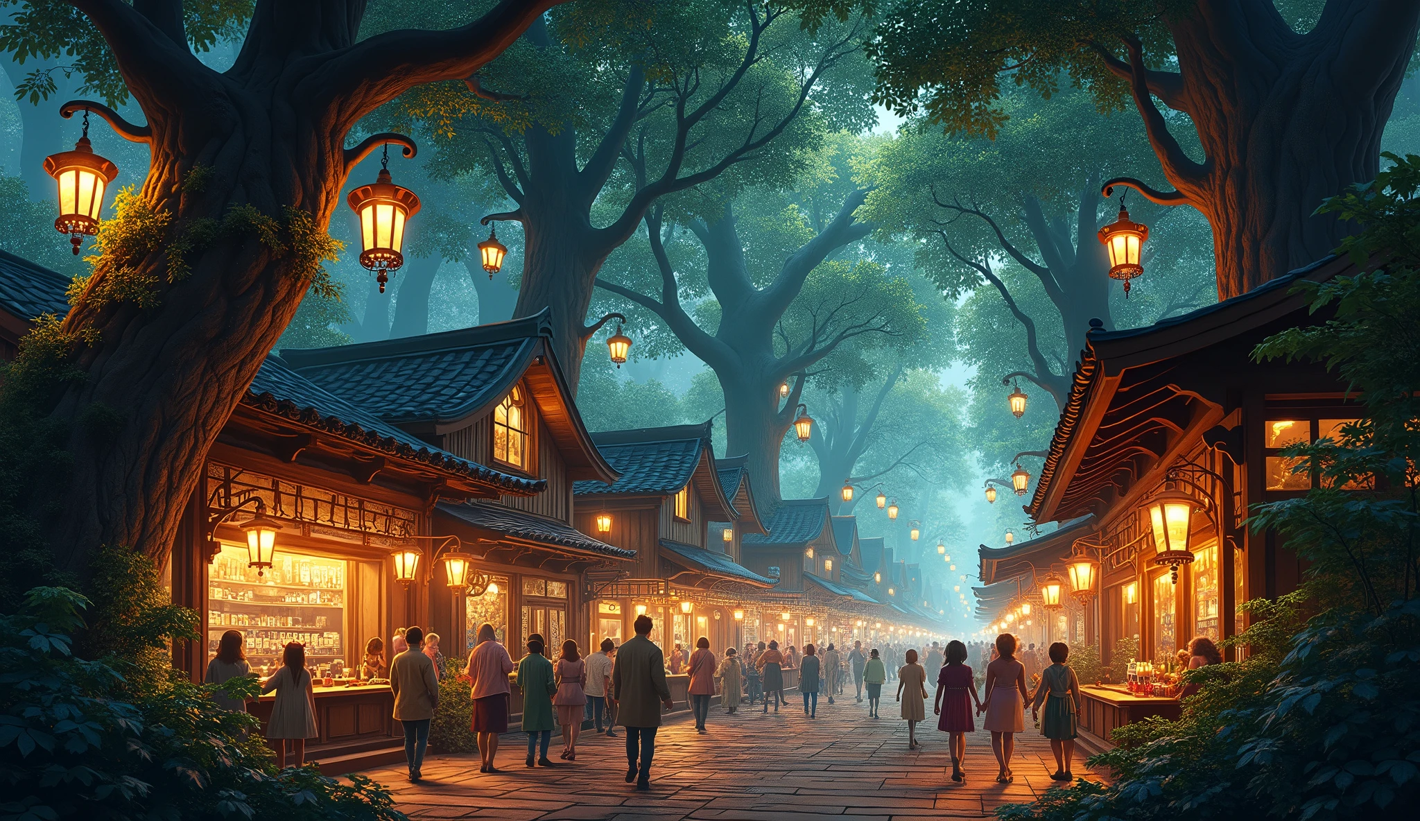 A giant forest city。there are many tree branch pathways。There are many treehouses。Numerous wooden taverns line the streets。Izakaya Street。Wooden floors。A lot of people々Bustling with。Fantasy World。Many large trees。Time is night。