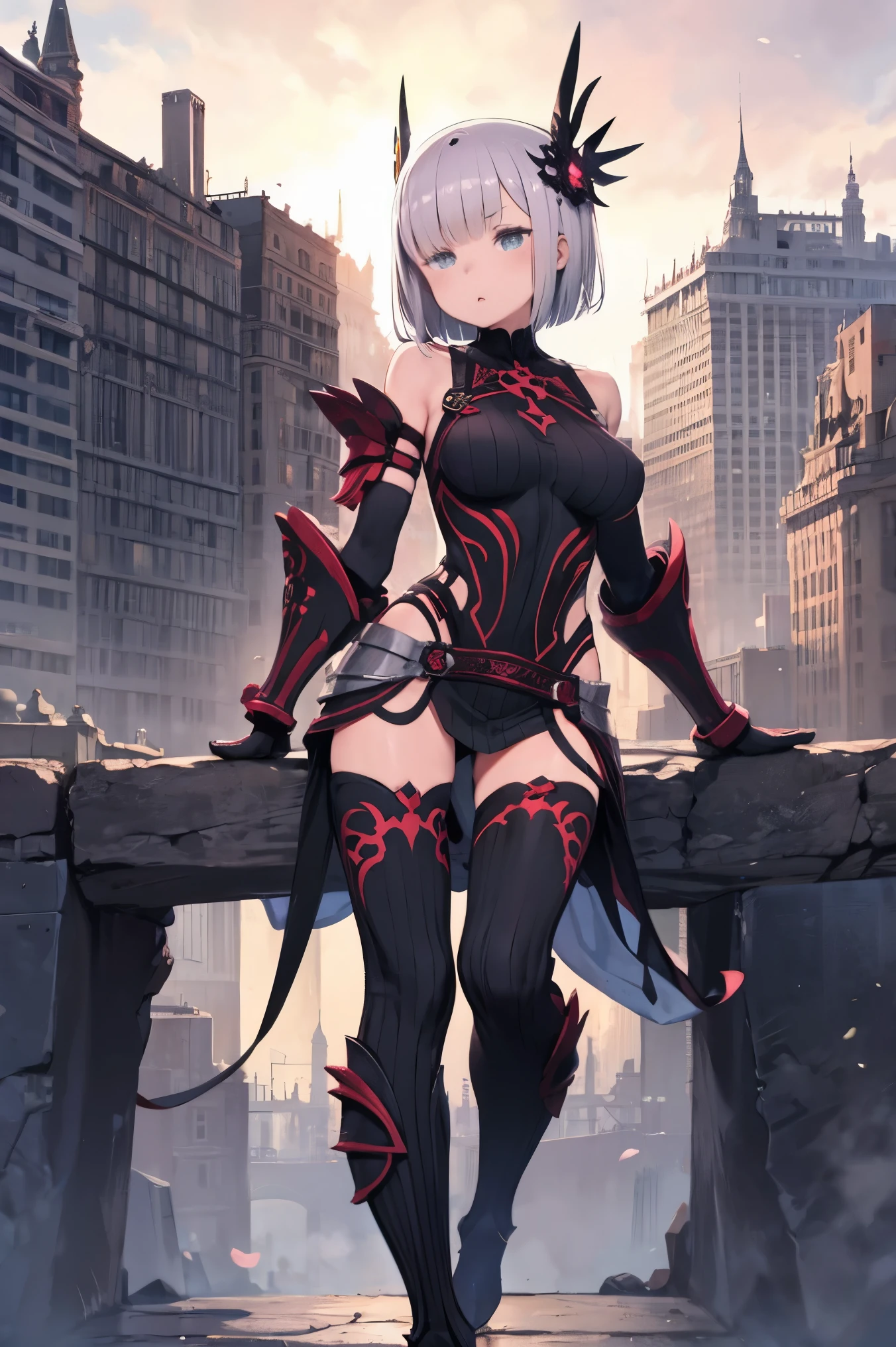 fantasy, 1girl,young_, ,silver_hair, short_hair, long_bangs, bare_shoulder,thighhighs,silver_armor, waist_armor, large_breasts,half_eyes,floating, bare_crotch, headgear,gauntlet, greaves,city_background,slightly_spread_legs, solo, groin_naked,hair_over_one_eye,