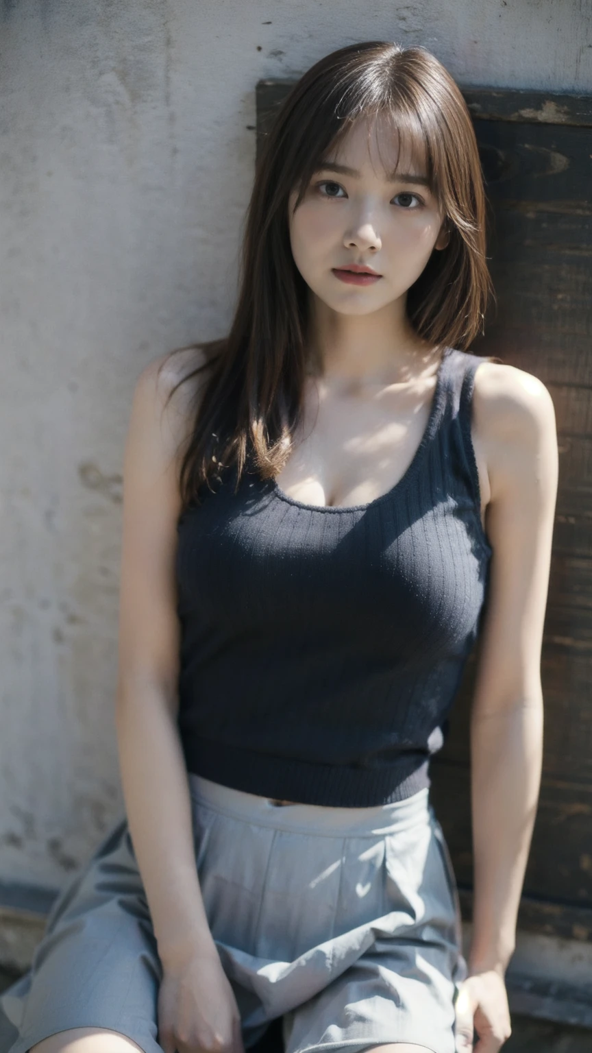 ((1girl)), woman, masterpiece, best quality, highest quality, cinematic lighting, (volumetric lighting), extremely detailed CG unity 8k wallpaper, focused, 8k wallpaper, extremely detailed, ultra realistic, photorealistic, sharp focus, absurdres, (HDR:1.2), (high contrast), photograph, detailed and intricate, instagram, portrait, highly detailed, digital painting, artstation, concept art, smooth, sharp focus, illustration, cinematic lighting, (big breast:1.3), (((skinny, slim legs))), (japanese idol posture), (knit strap tanktop, mini skirt, open shoulder, open chest, cleavage), looking at the viewer, ((indian pose)), ((Medium body shot, hip level shot)), long hair, ((leaning on a wall)), beautiful eyes.