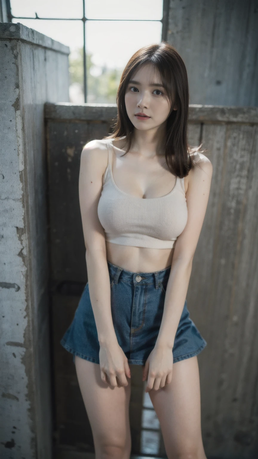 ((1girl)), woman, masterpiece, best quality, highest quality, cinematic lighting, (volumetric lighting), extremely detailed CG unity 8k wallpaper, focused, 8k wallpaper, extremely detailed, ultra realistic, photorealistic, sharp focus, absurdres, (HDR:1.2), (high contrast), photograph, detailed and intricate, instagram, portrait, highly detailed, digital painting, artstation, concept art, smooth, sharp focus, illustration, cinematic lighting, (big breast:1.3), (((skinny, slim legs))), (japanese idol posture), (knit strap tanktop, mini skirt, open shoulder, open chest, cleavage), looking at the viewer, ((indian pose)), ((Medium body shot, hip level shot)), long hair, ((leaning on a wall)), beautiful eyes.