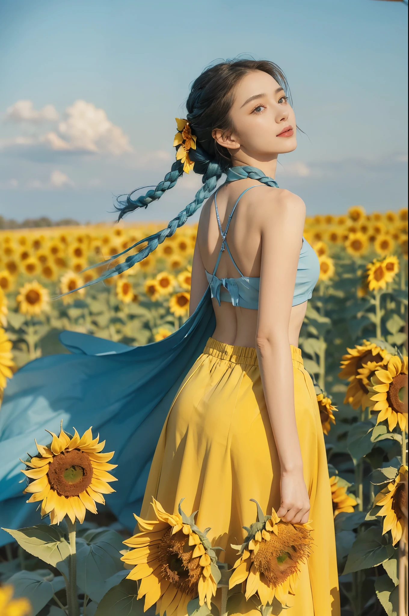 (((best quality))), (((ultra detailed))), (((masterpiece))), illustration,((a beautiful Ukrainian girl,solo)),((slim,thin)),((bare back,towering hips,butt crack)),(standing amidst a field of sunflowers:1.3),(short blue braid hair:1.3), (((vibrant blue shirt,maxi bright yellow skirt))),((from back,upper body)),complementary attire, (horizon as backdrop:1.2),((brilliant shade of clear blue sky, stark contrast with sea of yellow sunflowers)),striking features, sharp piercing eyes, warm kindness, subtle smile, gentle nature, simplicity of beauty