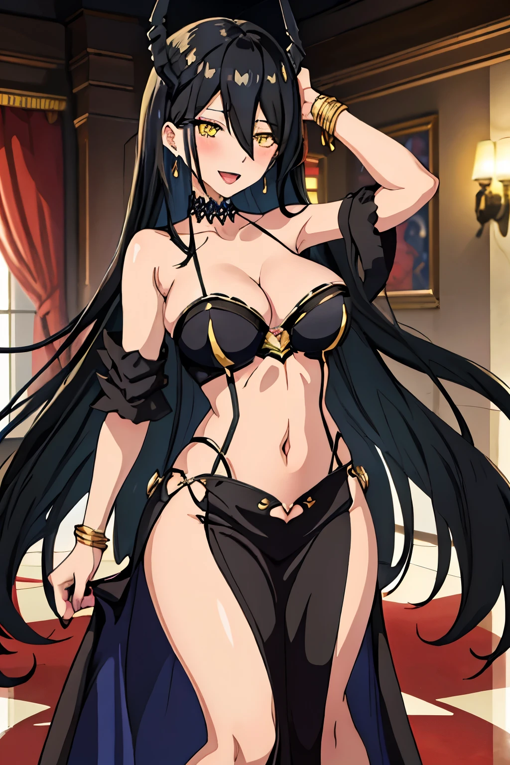  solo, {friedrich_der_grosse_azurlane:1.15}, black_hair, long_hair,  yellow_eyes, hair_over_one_eye,  large_breasts, very_long_hair, blush, lipstick,,jewelry, earrings, Hot girl, baddie, bad attitude, mean girl, crazy, smoking, sensual, attractive , masterpiece, best quality, highly detailed, a anime girls in long dress with navel cutout posing for a
picture, evil smile, smile, open mouth, (nsfw) not safe for work, revealing dress, beautiful dress center
opening , long dress with bellybutton showing, ecchi anime style, anime girls, ecchi style, ecchi, digital
anime art!!, in anime style, official artwork, visual novel cg, beautiful anime girl, anime style 4 k, exposed
navel, exposed bellybutton, jewelry, earrings, complex detailed background, casino environment, fancy
interior environment, rich interior