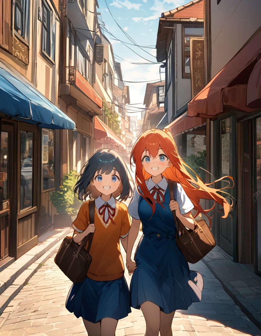 The elementary school girl holds hands with the high school girl, beaming as they walk home together., The setting sun paints the town in hues of orange and red., The elementary school girl watches the high school girl with a happy smile., The high school girl smiles warmly, her hand gently holding the elementary school girl's., A bicycle whizzes past, leaving them in its wake., 