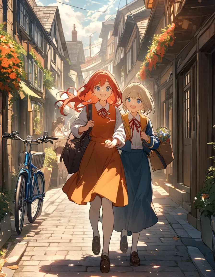 The  girl holds hands with the high school girl, beaming as they walk home together., The setting sun paints the town in hues of orange and red., The elementary school high school girl with a happy smile., The high school girl smiles warmly, her hand gently holding the elementary school girl's., A bicycleaving them in its wake., 