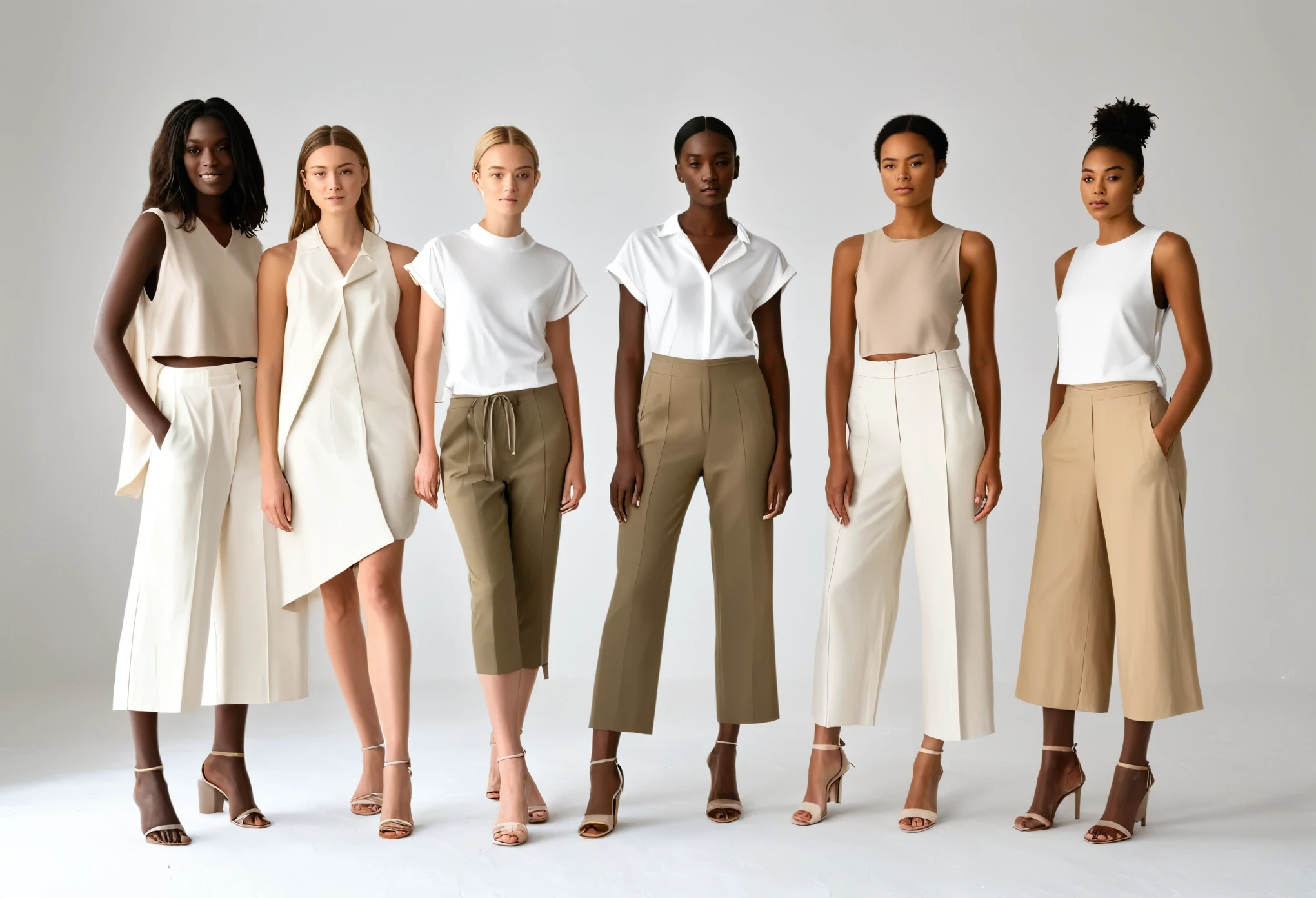a group of female models wearing and demonstrating clothes from a summer 2025 fashion range. Diverse models. clothes are suitable for a trendy woman in her late 20s, Simplicity and minimalism,
Functionality and practicality,
Neutral and muted colour palette,
Natural and sustainable materials,
Clean, streamlined silhouettes,
Timeless, versatile pieces,
Understated elegance,
High-quality craftsmanship.