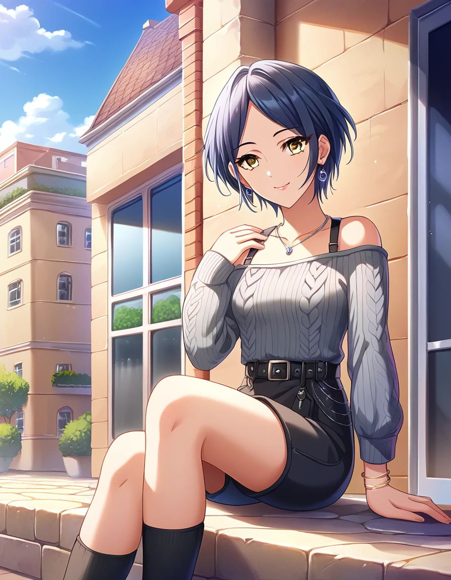 score_9, score_8_superior, score_7_superior, sauce_anime,
One person, Beautiful woman, alone, Fob, Date, View your viewers, smile,   Outdoor, street, building, boutique, Display Window, Day, blue sky, Day光, 
 Hymns, short hair, Blue Hair, Parted bangs, Medium chest, Yellow Eyes,Sexy pose，Black pants
Lipstick, Detailed eyes, eyelash, eyeliner, jewelry, necklace, bracelet, Earrings, 
Casual Dresses, 
Sweater dress, Off the shoulderセーター, Grey sweater, Exposing shoulders, Off the shoulder,  Long sleeve, Sleeves are longer than the wrist, belt, Black knee socks, zettai ryouiki,