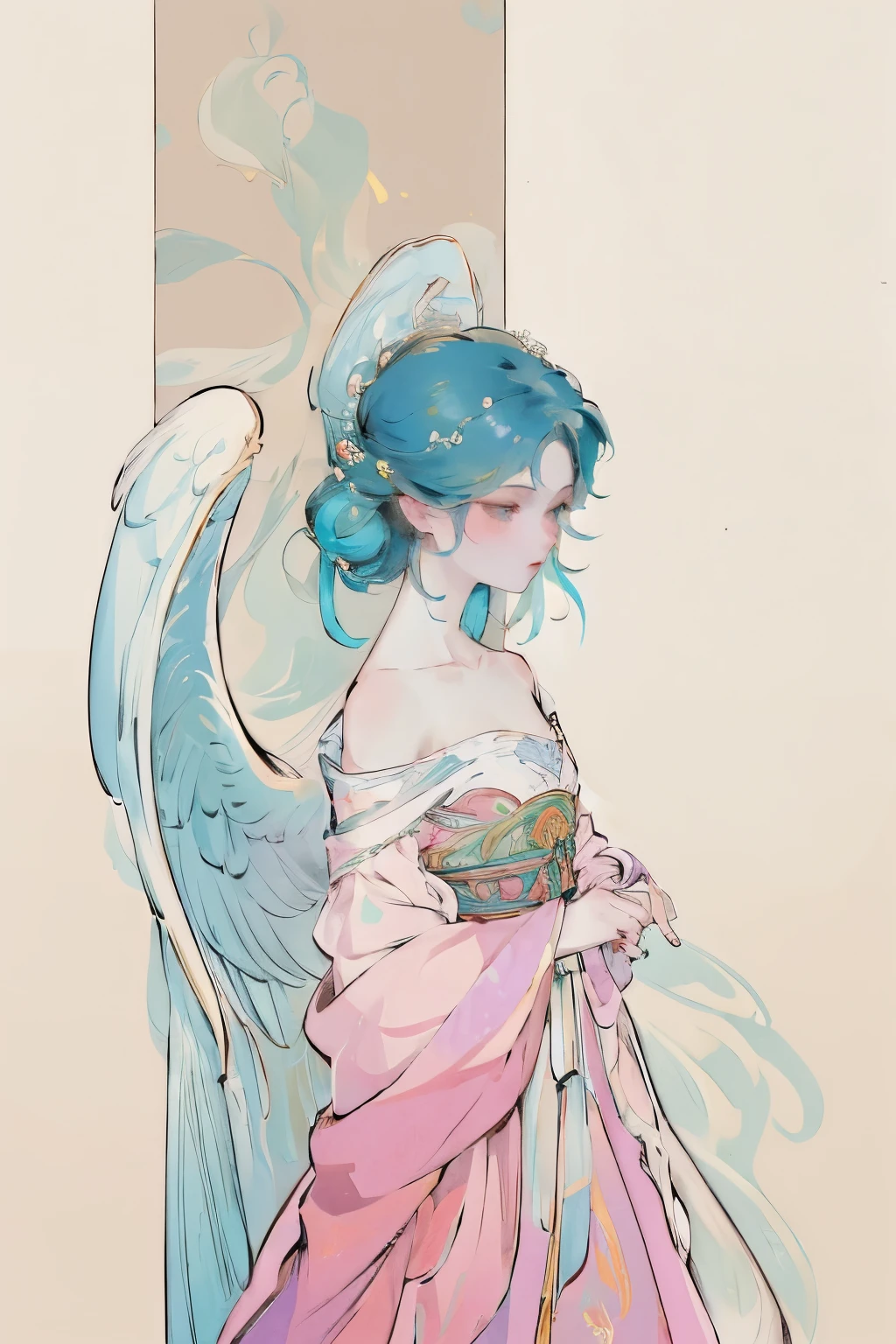 (Designed by nty:1.4),Upper body portrait of a girl, Colorful, Colorful, Yoshitaka Amano character setting,solitary,Angelic, Symmetrical beauty, Angel Wings, Gorgeous long skirt, stand up, (((solitary))), Color Matching,Clear facial features, Clean lines design, Magic Elements, ), Standing Figure, ((Flat Color)), (masterpiece,Top quality,best quality,Ultra-high resolution), ((Exquisite facial features,Clear facial features,beautiful eyes,Pretty Face)) ,(32K Wallpaper),