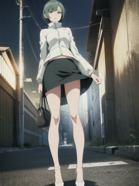 anime、Kyoto under the moonlight、Woman Standing Alone、((Green short hair))、((White short jacket))、Black underwear、Black leather tight skirt、Slender figure、White high heels、Listening to music through earphones、The wind is blowing、There is no one around、