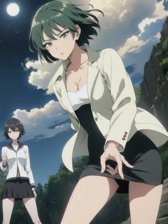 anime、Kyoto under the moonlight、Woman Standing Alone、((Green short hair))、((White short jacket))、Black underwear、Black leather tight skirt、Slender figure、White high heels、Listening to music through earphones、The wind is blowing、There is no one around、