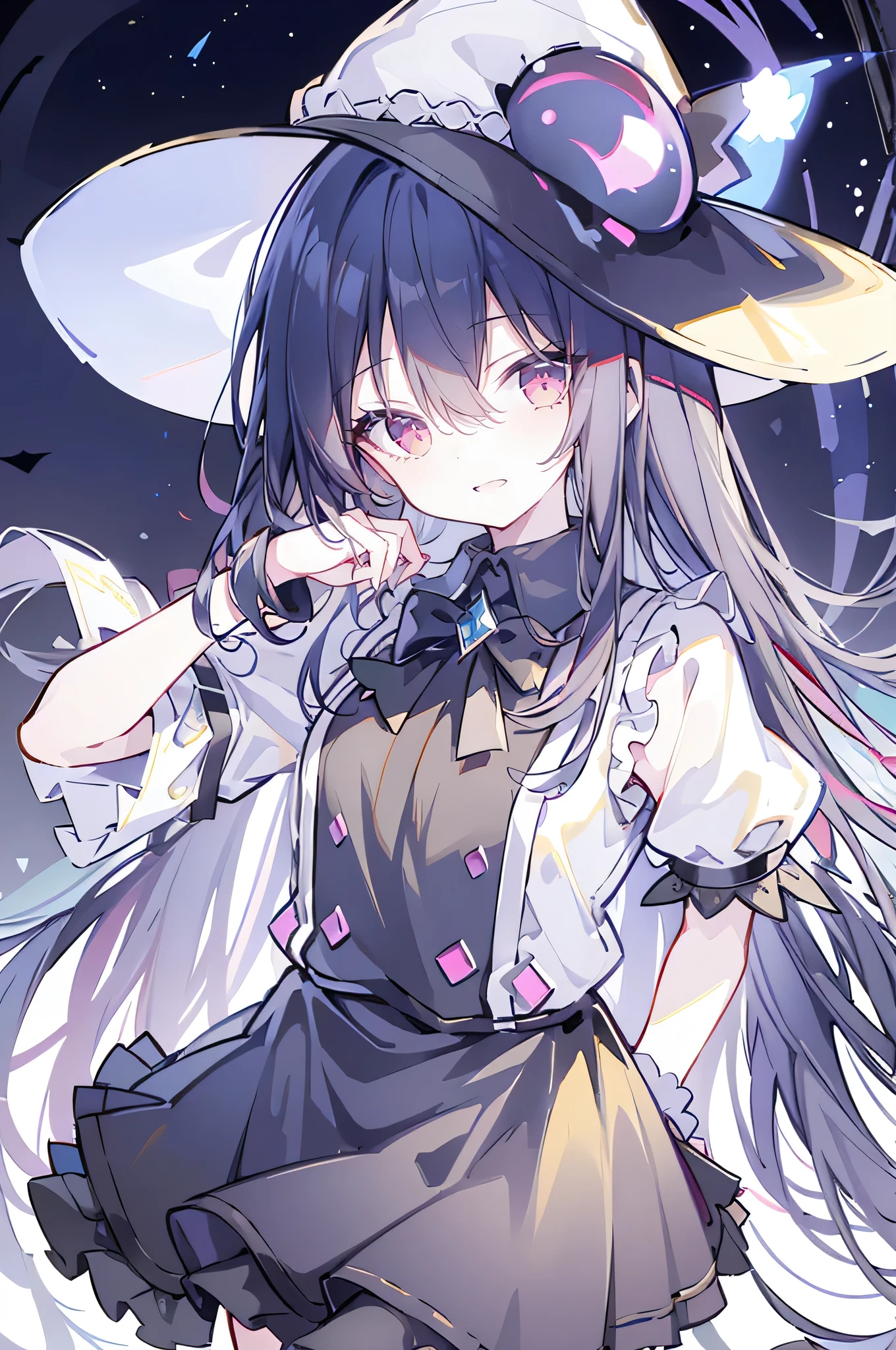 oung Girls,Humanity,A magician always smiles,big witch hat,cute,dark blue long hair,The eyes are dull,The bangs are heavy,Thin eyebrows,fantasy,intake,Double teeth,Star Theme,Constellation pattern,Solid color clothetal decoration,cloak,A bit of a dark atmosphere,A little crazy smile,When the big moon shines outside at night,blood,Hair black star embellishment,Short tie,No nails,High waist skirt,Bell sleeves,Long-sleeved shirt,Black tie,low risk,gentlemen。Mist、Yellow and white effect，Shocking pink as an accent color