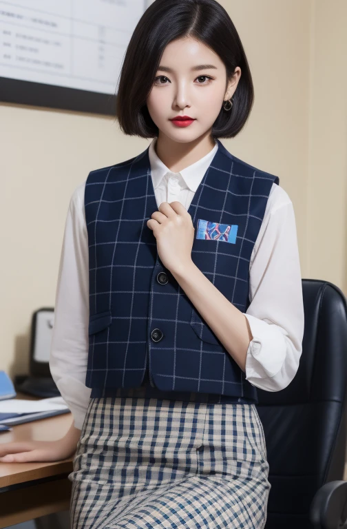 A young korean beautiful girl, 20-year-old, sexy girl, strikingly beautiful, black hair, red lips, delicate facial features, expressive eyes, highest quality, debris flies、office lady、short hair、チェック柄のダークブルーのofficeスーツ)、new employee,full body shot、(checkered dark blue vest、white cutter shirt、Navy blue long tight pencil skirt:1.2)、(black tights、high heels)、(office:1.3)、(((fold your hands in front of you)))