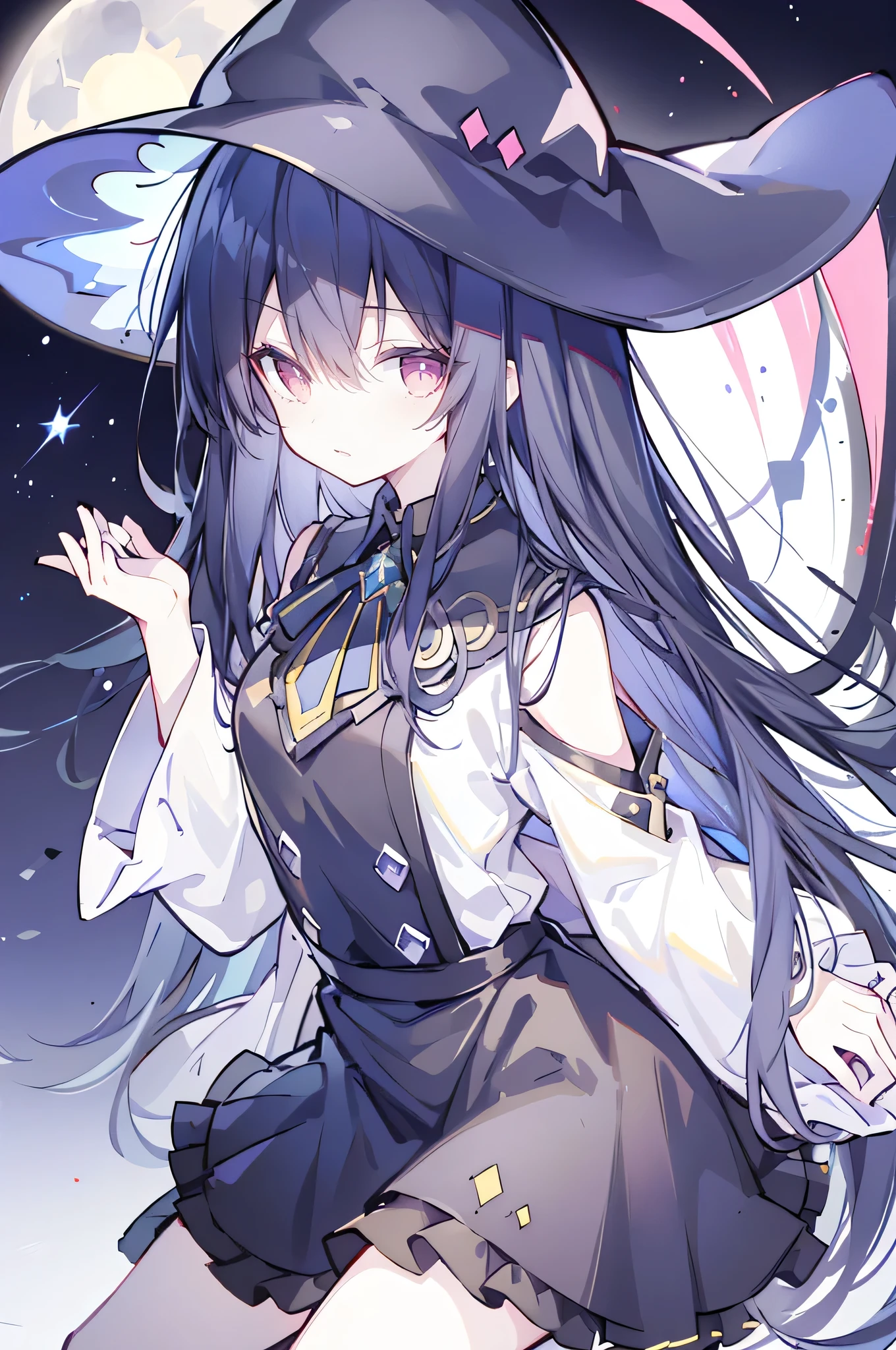 oung Girls,Humanity,A magician always smiles,big witch hat,cute,dark blue long hair,The eyes are dull,The bangs are heavy,Thin eyebrows,fantasy,intake,Double teeth,Star Theme,Constellation pattern,Solid color clothetal decoration,cloak,A bit of a dark atmosphere,A little crazy smile,When the big moon shines outside at night,blood,Hair black star embellishment,Short tie,No nails,High waist skirt,Bell sleeves,Long-sleeved shirt,Black tie,low risk,gentlemen。Mist、Yellow and white effect，Shocking pink as an accent color