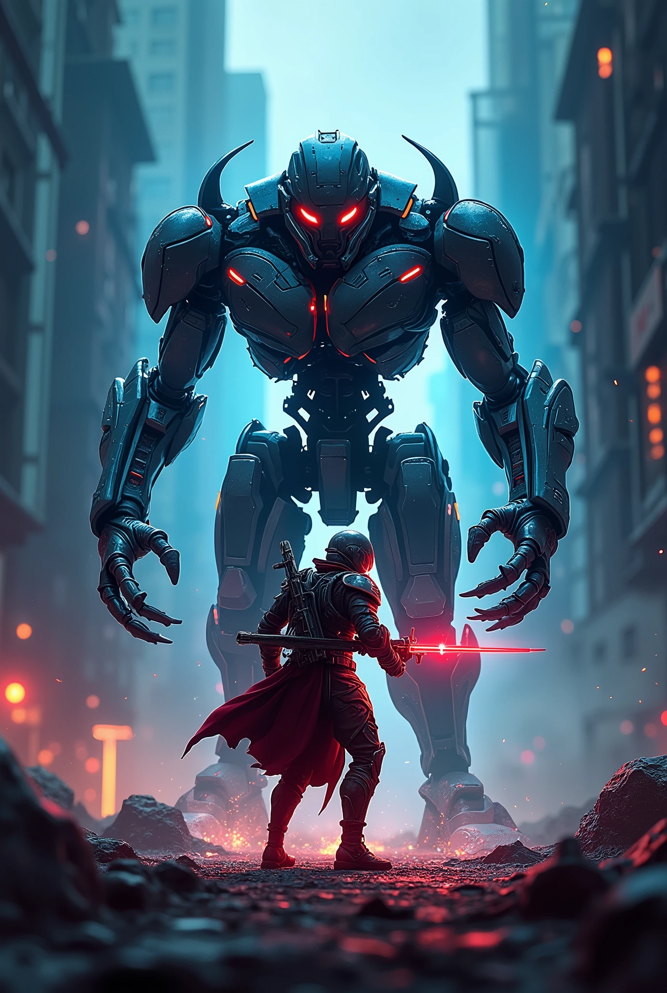 A logo for a game where people are fighting and shooting against cyborgs.
