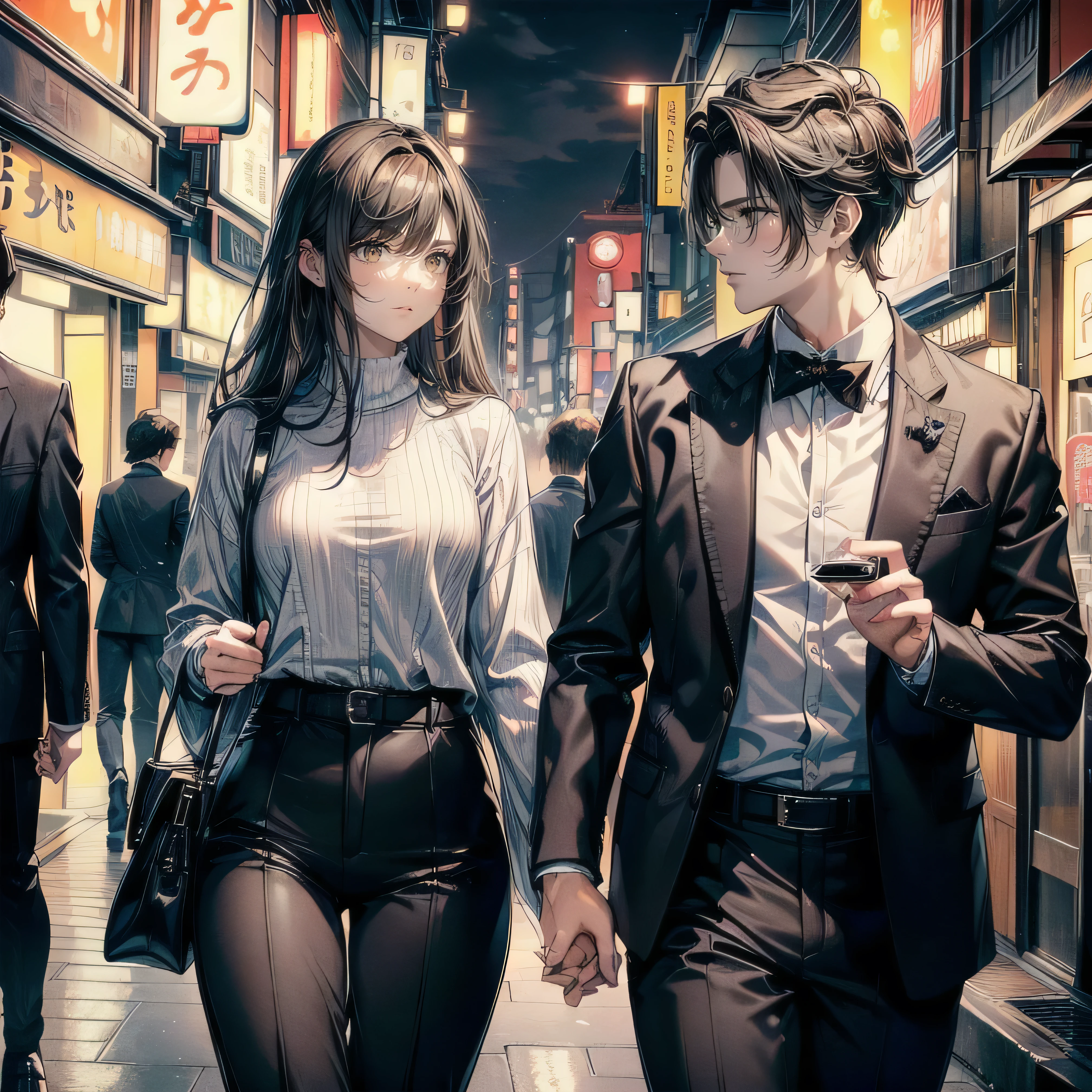 masculine, elegant, mature boy, high school student, dark brown haired boy, masculine, manly, small rear, beautiful detailed full dark brown eyes, wearing glasses, perfect eyes, ropa juvenil elegant hombre, black pants, the boy is more mature, mature boy)) (detailed lighting), ((detailed background)), ((romantic date at night walking through the streets of Tokyo)), full body shot, ((5 perfect every finger, perfect end, whole finger, perfect finger, perfect arm)) ((man and woman)) is much smaller than the boy))) ((couple of a girl and a boy)) ((big)) (((the boy is very tall, the girl is very short))) ((perfect fingers, perfect hands)) ((perfect feet)) ((kiss face to face, very close)) ((perfect detailed face))．look at each other