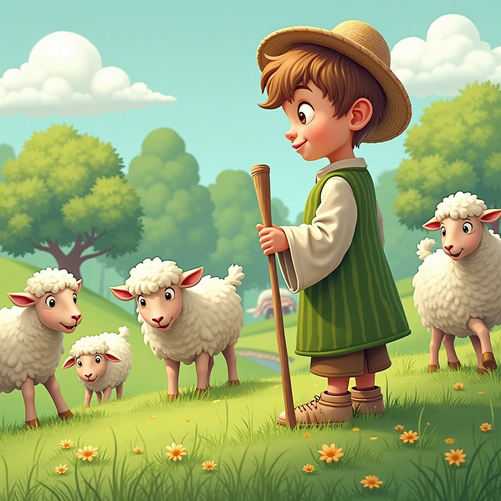 a young shepherd boy who enjoys looking after sheep, use easy words and keep the story short, under 1,000 letters. And let the story to teach a good lesson.