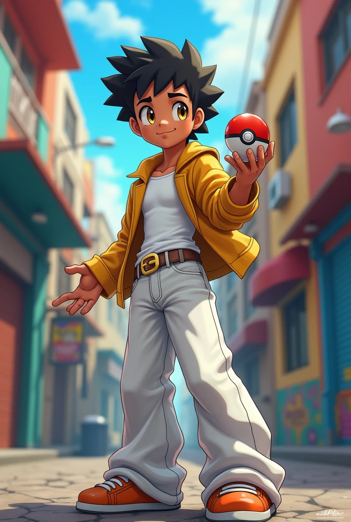 a Brazilian boy from , white ethnicity, short black curly hair, honey eyes, sculpted body, Cao Cao, wearing a white tank top with a jacket, wide white jeans, sapatos brancos, with a pokeball in hand and posing to throw the pokeball, Serious countenance, アニメ