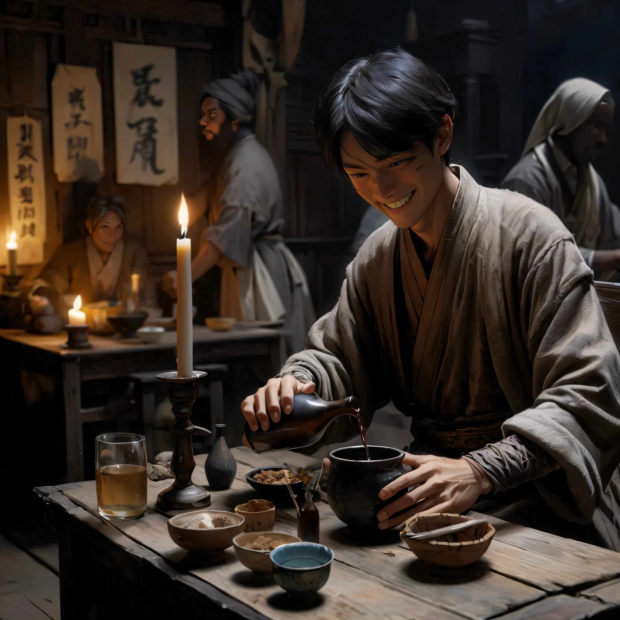 (masutepiece:1.2), (Best Quality:1.2), (high resolution:1.2), (beautiful face and eye:1.2), (sharpest focus:1.2), (Ultra-realistic Photo:1.2), (Ultra-precise Photo:1.2), (Depth of field:1.2), (perfect anatomy:1.2), (nice hands:1.2),
(perfect hands:1.2), (Young master of a poor saloon in Song dynasty China:1.2), (Walking with a simple wine and food tray and a crude candlestick:1.0), (Horrified and cruel smile:1.5), (Hunchback:1.1), (Very dark room:1.5),
