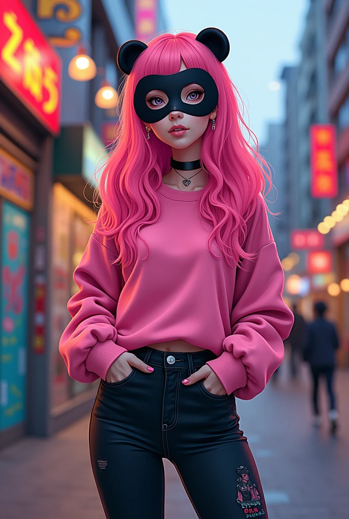 Pink hair girl with pink sweater and black jeans with black panda mask