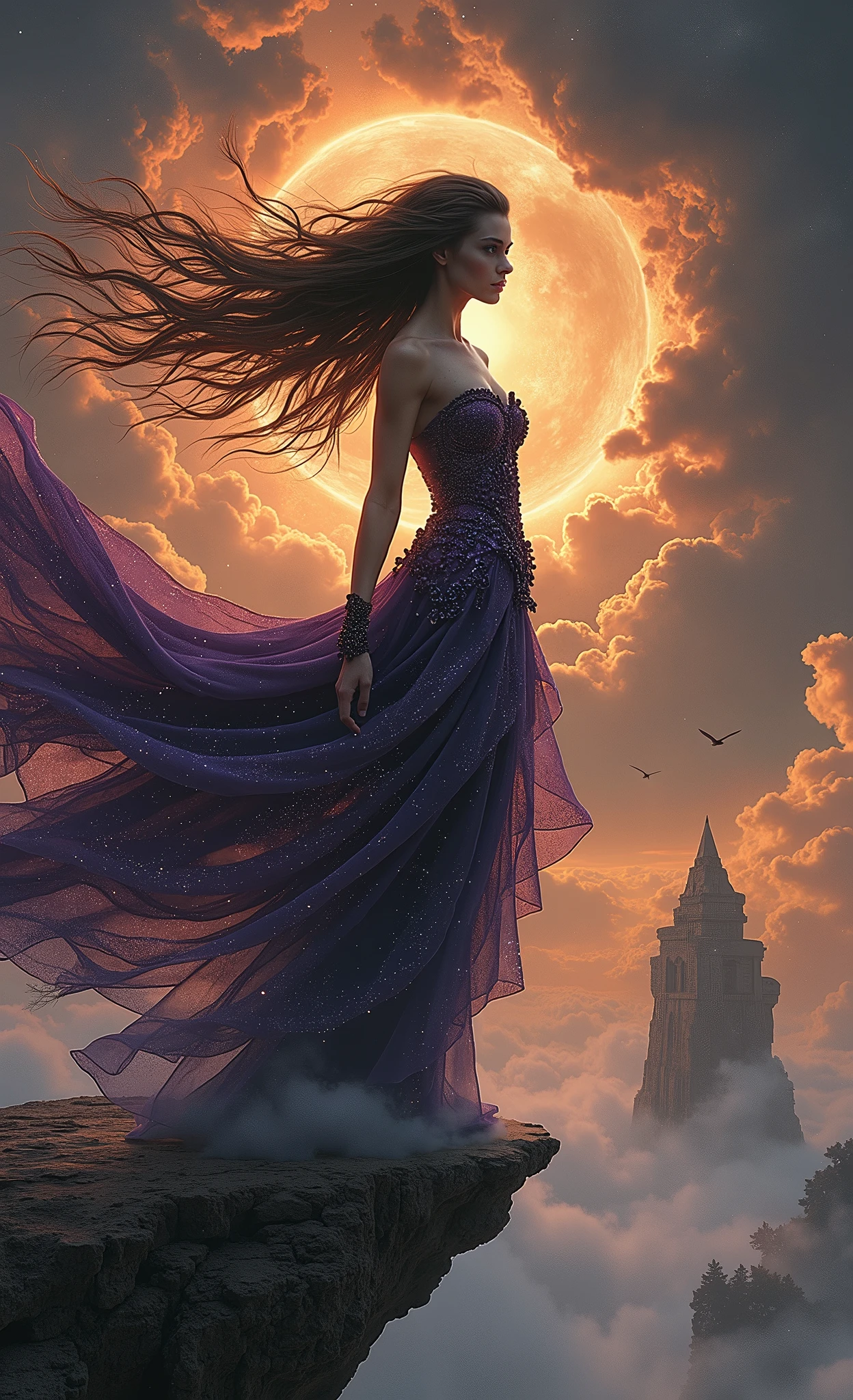 A mesmerizing and intricate science-fantasy painting by T Mann NYC, featuring a hyper-realistic vampire queen sorceress. She has dark hair, mysterious attire with fluid-like patterns, and basks in intense golden sunlight. The artwork is filled with vibrant colors, splashes of light, and dynamic energy. The vampire woman gazes intensely at the viewer, her white gown billowing and her hair whipping around in the wind.

The theme is a mesmerizing fusion of dark fantasy and futuristic elements, featuring a powerful necromancer vampire queen sorceress adorned with intricate and ancient calligraphy spells tattooed on her back. These mystical runes radiate dark magic, creating an enchanting and eerie aura. She wears a flowing dark robe richly decorated with arcane symbols, signifying