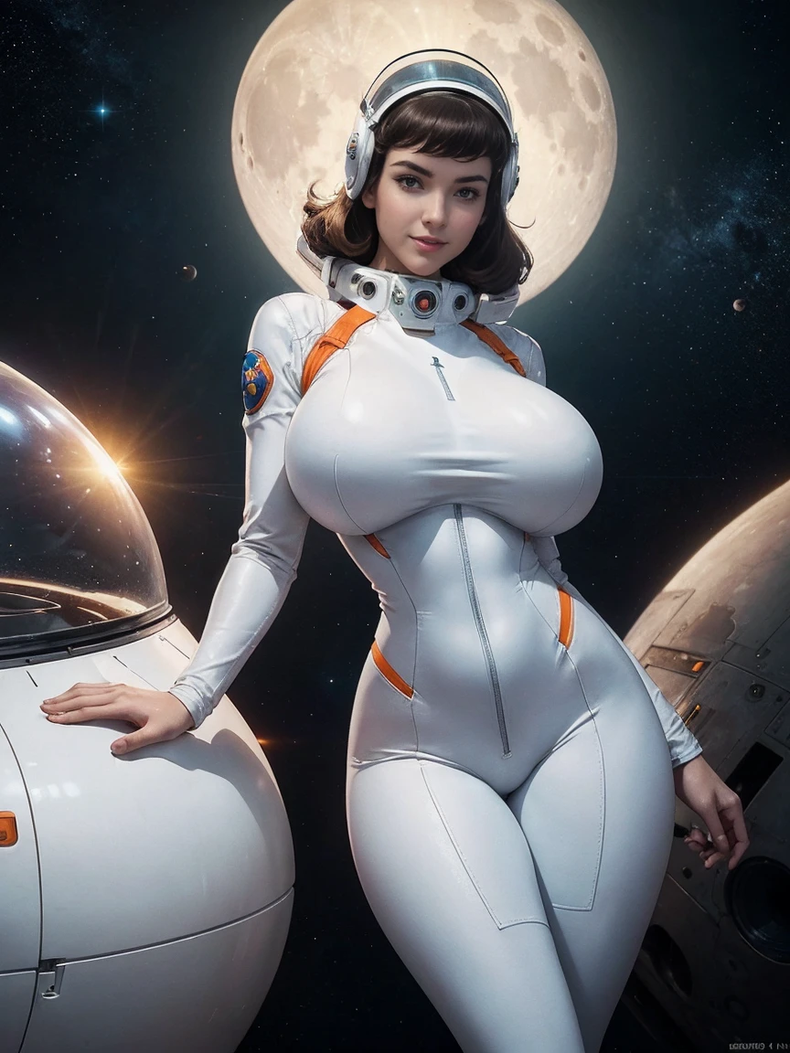 (masterpiece, top quality, best quality, official art, beautiful and aesthetic:1.2), (1girl:1.3), light freckles, fair skin, extremely detailed, portrait, looking at viewer, solo, (full body:0.6), detailed background, close up, (bright space pinup theme:1.1), busty 1950's pinup brunette space girl, charlatan, smiling, happy, mysterious, spacewalk, modest attire, white and orange space suit, spacesuit, helmet, bodysuit, ray gun, long boots, pouches, jetpack, glass helmet, rocket ship, ((((narrow hips, slim sexy body, medium breasts)))), slim waist, slim hips, long legs, futuristic (moon exterior:1.1) background, dark mysterious lighting, shadows, magical atmosphere, dutch angle,