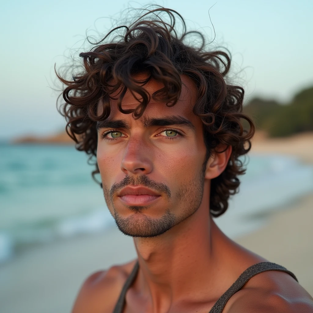 Man with green eyes and curly hair, fading at the beach