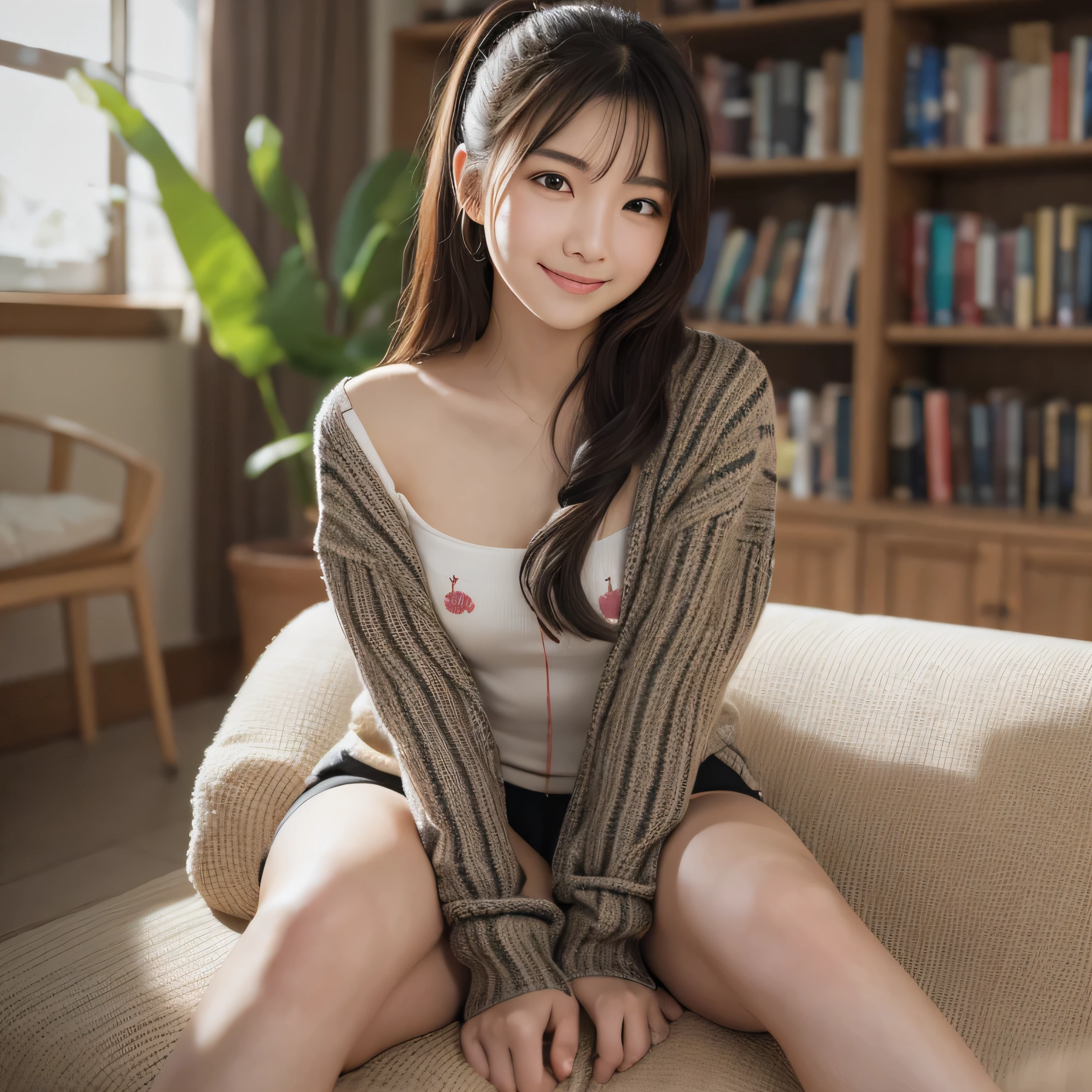 (masterpiece, Highest quality:1.1), (8k, RAW Photos, Photorealistic:1.2, f22), (Glowing Skin), Detailed skin,Long Hair,Detailed face, Detailed eyes,smilee,BREAK, Real World, Intricate details, smile, BREAK, 1people, whole body,(Long sleeve,pajamas,Plaid,Black and White,Cat ear)BREAK, (sofa:1.4),(masterpiece), Very realistic, her cheeks turn red、 Horizontal, drooping eyes、Non-NSFW, (Perfect Anatomy), 8k resolution, wonderful, elegant, Hyperrealism, Approaching perfection, dynamic, Very detailedな, Smooth, 超High resolution, Alchemy Smooth upscaled images ,HD resolution, High Quality Boost, Contrast Boost, Professional alchemy、(oversized lightbrown lowgaugeknit),(black slimpants),converse all star,Expressionless、美しいJapanese people women、cute、Small breasts、university student、22 years old、Hair tied up、1people、Very beautiful Japanese idol portraits、RAW Photos,Highest quality、Genuine、Very delicate and beautiful,Very detailed,2k wallpaper,wonderful,In detail,Highly detailed CG Unity 8K wallpapers,Very detailed,High resolution,Soft Light,Beautiful detailed,Very detailed eyes and face,Beautiful and sophisticated nose,Beautiful and beautiful eyes,Cinema Lighting,(Simple light color background:1.3)、Complete Anatomy、Slender body、Small breasts、Old Library、High bookshelf、 Wall-to-wall bookshelves、Drink coffee、Hair tied up、sit cross-legged on a chair、Concrete wall、((Agave on the table))、美しいJapanese people women、Perfect dynamic composition、Tilt your head、Model body type、 masterpiece、Highest quality、超High resolution、Ultra-high resolution photos、Smooth upscaled images 、HD resolution,、High Quality Boost,、Contrast Boost、Hyperrealism、Super fine、8k、elegant、 1people、Japanese people women、美しいJapanese people women、超Detailed face,、A captivating smile、cute、White skin、Fair skinの美しい肌、Brown eyes、Beautiful symmetrical face、Small face、22 years old、Beautiful black hair、 Beautiful small breasts、Skin between genuine people、Perfect figure、Perfect Anatomy's Body Type、whole body photos、Detailed and realistic people bodies、Detailed and realistic skin、Realistic face in every detail、Detailed and realistic eyes、Detailed and realistic lips、Detailed and realistic teeth、Detailed and realistic ears、Detailed and realistic hair、Beautiful Hands、Realistic feet down to the last detail、Realistic breasts down to the last detail、Realistic areola down to the last detail、Realistic nipples down to the last detail、Realistic female genitalia down to the smallest detail、Realistic vagina down to the last detail、Detailed and realistic clitoris、Realistic anus down to the last detail、Thick pubic hair with realistic detail、whole body、whole bodywhite skin、Fair skin、Check and fix the skeleton、Pubic hair is thick、Thick pubic hair、 Completely naked、urination、Pleasant expression、Blushing cheeks and an ecstatic expression, Leaking urine、A sex toy is inserted into the anus、Put your arms behind your back、Open your mouth、 Scandinavian interior、Concrete wall