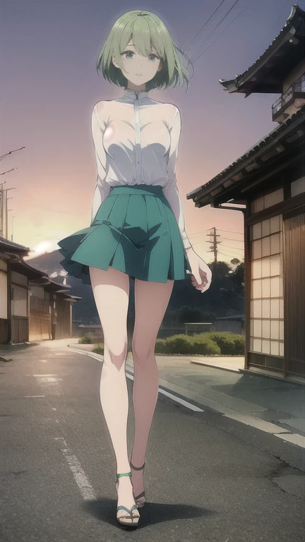 anime、(((Kyoto at dusk)))、One Woman、Short Hair、See-through blouse、Blue tight skirt、Hair fluttering in the wind、Full body portrait、Green Hair、Grey high heels、it's raining、