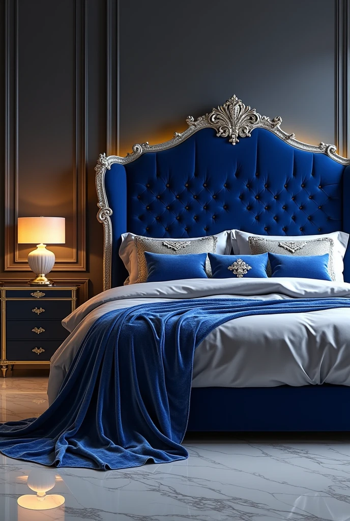 "Create an image of an ultra-luxurious bed with a deep royal blue velvet headboard, tufted with diamond-like crystals that catch the light. The bed is draped in rich, silky silver sheets that flow elegantly over the edges. The pillows are a mix of royal blue and silver, with intricate embroidery adding a touch of sophistication. The bed sits on a polished marble floor, with a soft, golden ambient light casting a warm glow over the scene. The background features a dark, matte grey wall with subtle silver accents, enhancing the opulent and serene atmosphere."