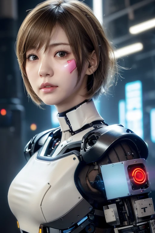 (((masterpeace))), ((photo realistic:1.55)), (Japanese Girl),((young girl)), (broad jawline:1.5), puffy face, ((Very pale brown hair)), (((messy hair))), (Short Bob Cut), (Android), ((cyber punk:1.3)), My arm is broken.,  whole body,((realistic skin)), no makeup, The machinery is exposed, mask, Eye patch, ((The machine is glowing.)),half smile