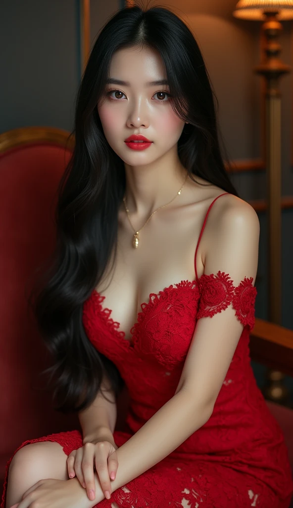 Masterpiece, high-level photography, very detailed, 8K, a beautiful Korean woman, 20 years old, long thick hair, oval face, gray eyes, wet red lips, wearing a red lace party dress, plump body, plump arms, big natural breasts, red nails in fingers, sitting on a premium sofa, with an aesthetic room background, low lighting, very realistic, front view, very attractive and specific