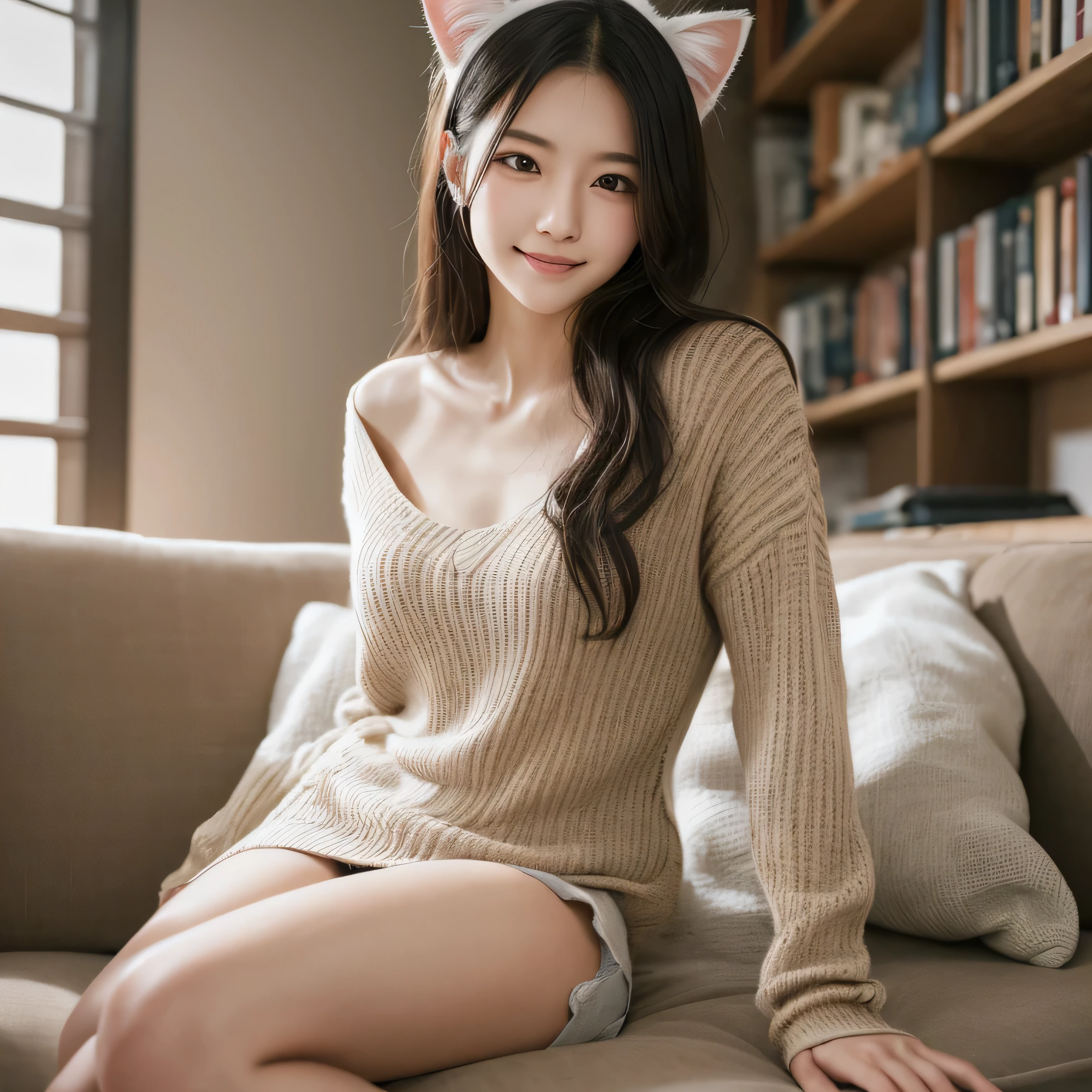 (masterpiece, Highest quality:1.1), (8k, RAW Photos, Photorealistic:1.2, f22), (Glowing Skin), Detailed skin,Long Hair,Detailed face, Detailed eyes,smilee,BREAK, Real World, Intricate details, smile, BREAK, 1people, whole body,(Long sleeve,pajamas,Plaid,Black and White,Cat ear)BREAK, (sofa:1.4),(masterpiece), Very realistic, her cheeks turn red、 Horizontal, drooping eyes、Non-NSFW, (Perfect Anatomy), 8k resolution, wonderful, elegant, Hyperrealism, Approaching perfection, dynamic, Very detailedな, Smooth, 超High resolution, Alchemy Smooth upscaled images ,HD resolution, High Quality Boost, Contrast Boost, Professional alchemy、(oversized lightbrown lowgaugeknit),(black slimpants),converse all star,Expressionless、美しいJapanese people women、cute、Small breasts、university student、22 years old、Hair tied up、1people、Very beautiful Japanese idol portraits、RAW Photos,Highest quality、Genuine、Very delicate and beautiful,Very detailed,2k wallpaper,wonderful,In detail,Highly detailed CG Unity 8K wallpapers,Very detailed,High resolution,Soft Light,Beautiful detailed,Very detailed eyes and face,Beautiful and sophisticated nose,Beautiful and beautiful eyes,Cinema Lighting,(Simple light color background:1.3)、Complete Anatomy、Slender body、Small breasts、Old Library、High bookshelf、 Wall-to-wall bookshelves、Drink coffee、Hair tied up、sit cross-legged on a chair、Concrete wall、((Agave on the table))、美しいJapanese people women、Perfect dynamic composition、Tilt your head、Model body type、 masterpiece、Highest quality、超High resolution、Ultra-high resolution photos、Smooth upscaled images 、HD resolution,、High Quality Boost,、Contrast Boost、Hyperrealism、Super fine、8k、elegant、 1people、Japanese people women、美しいJapanese people women、超Detailed face,、A captivating smile、cute、White skin、Fair skinの美しい肌、Brown eyes、Beautiful symmetrical face、Small face、22 years old、Beautiful black hair、 Beautiful small breasts、Skin between genuine people、Perfect figure、Perfect Anatomy's Body Type、whole body photos、Detailed and realistic people bodies、Detailed and realistic skin、Realistic face in every detail、Detailed and realistic eyes、Detailed and realistic lips、Detailed and realistic teeth、Detailed and realistic ears、Detailed and realistic hair、Beautiful Hands、Realistic feet down to the last detail、Realistic breasts down to the last detail、Realistic areola down to the last detail、Realistic nipples down to the last detail、Realistic female genitalia down to the smallest detail、Realistic vagina down to the last detail、Detailed and realistic clitoris、Realistic anus down to the last detail、Thick pubic hair with realistic detail、whole body、whole bodywhite skin、Fair skin、Check and fix the skeleton、Pubic hair is thick、Thick pubic hair、 Completely naked、urination、Pleasant expression、Blushing cheeks and an ecstatic expression, Leaking urine、A sex toy is inserted into the anus、Put your arms behind your back、Open your mouth、 Scandinavian interior、Concrete wall